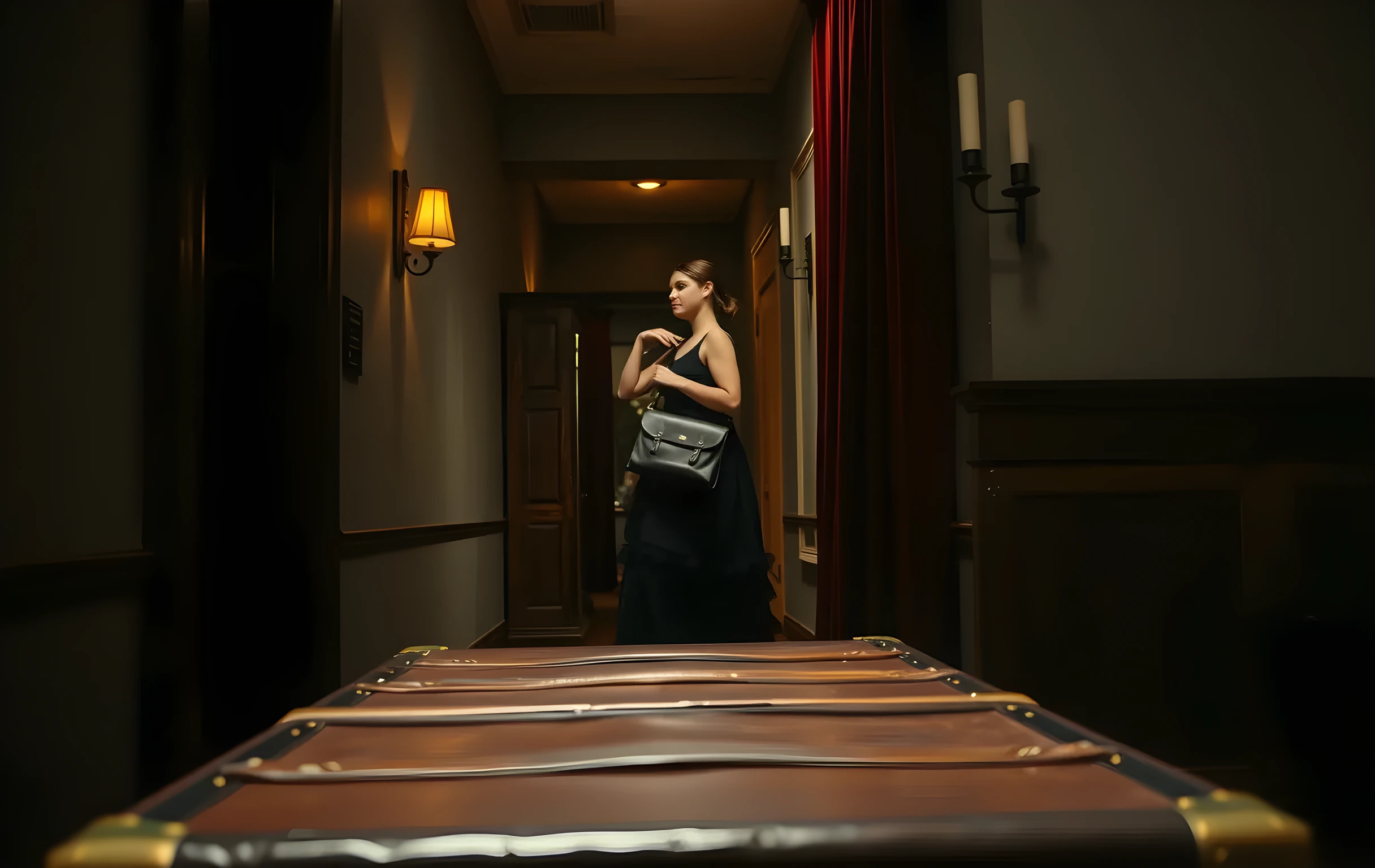 A dimly lit backstage corridor with peeling paint and vintage wall sconces, a woman in a navy rehearsal dress stands just out of focus near a heavy velvet curtain, her posture relaxed as she adjusts a leather satchel, the foreground dominated by the textured fabric and brass hardware of a prop trunk