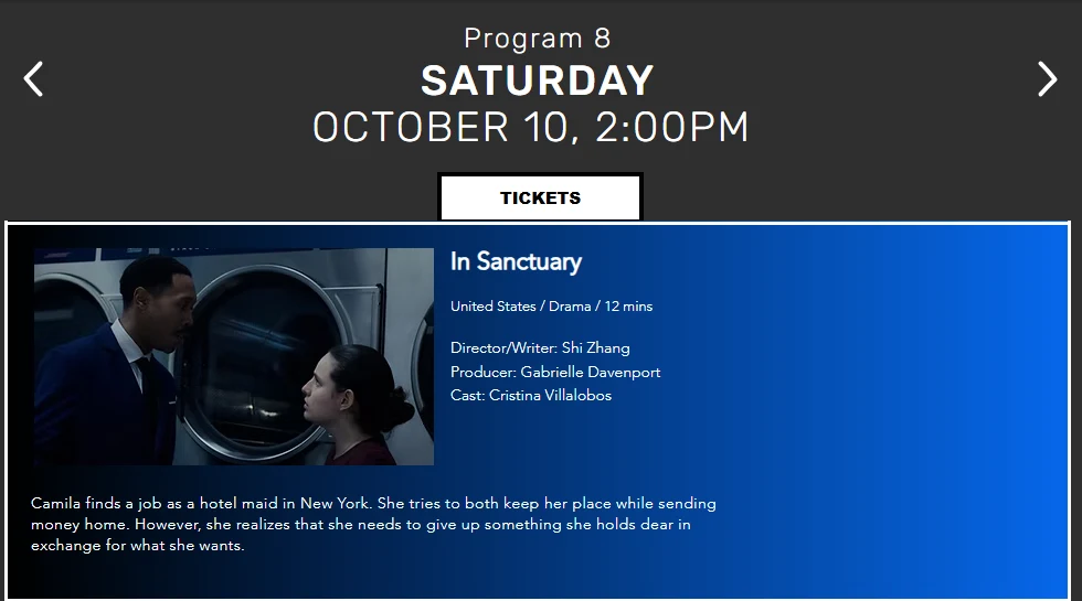The New York Shorts International Film Festival listing for In Sanctuary in Program 8, Saturday October 10 at 2:00 PM
