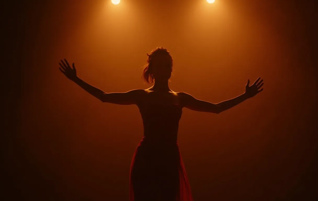 A Latina actress performing under a warm stage spotlight
