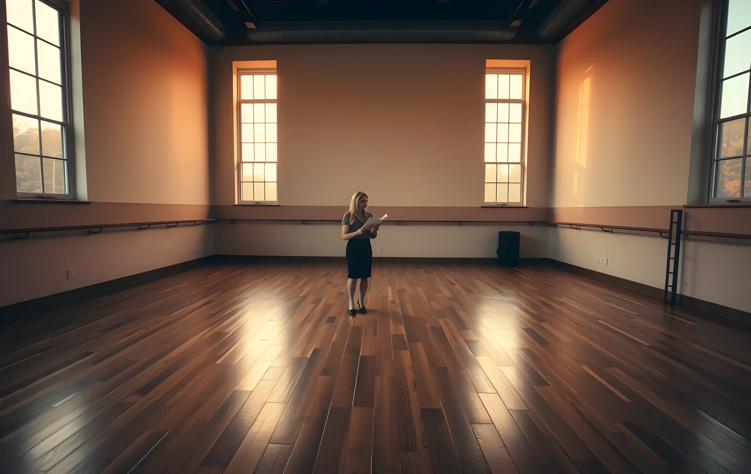 A wide shot of an empty rehearsal studio at dusk, wooden floors reflecting the amber light of high windows, a woman actor stands far in the corner holding a script, her posture tense as she rehearses a monologue alone