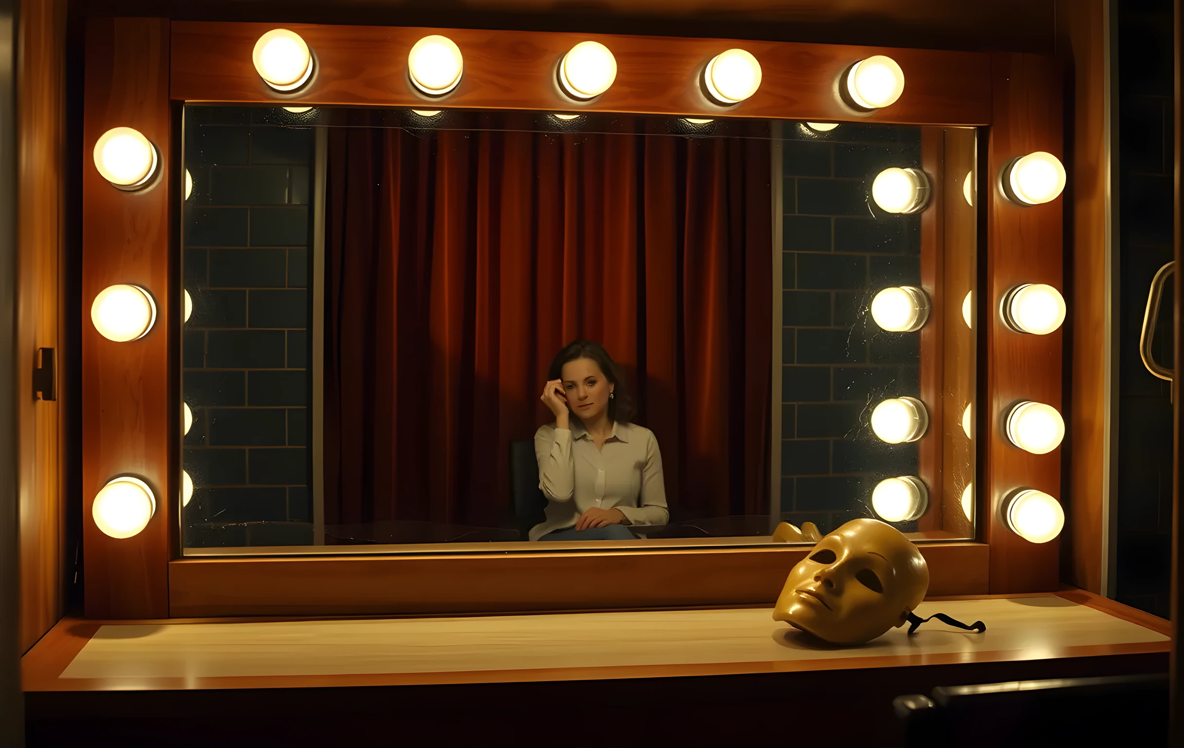 A medium shot of a worn theater dressing room vanity mirror lined with faded stage lights, a woman actor sits at a distance wiping her face with a cloth, a single theater mask rests on the counter beside a velvet curtain backdrop