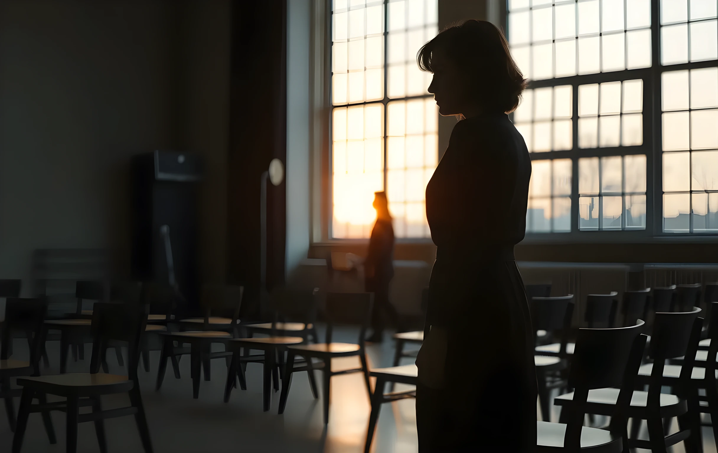 A lone actor stands near a tall rehearsal room window at dusk, her silhouette framed by fading amber light while empty wooden chairs sit scattered across the vast studio floor