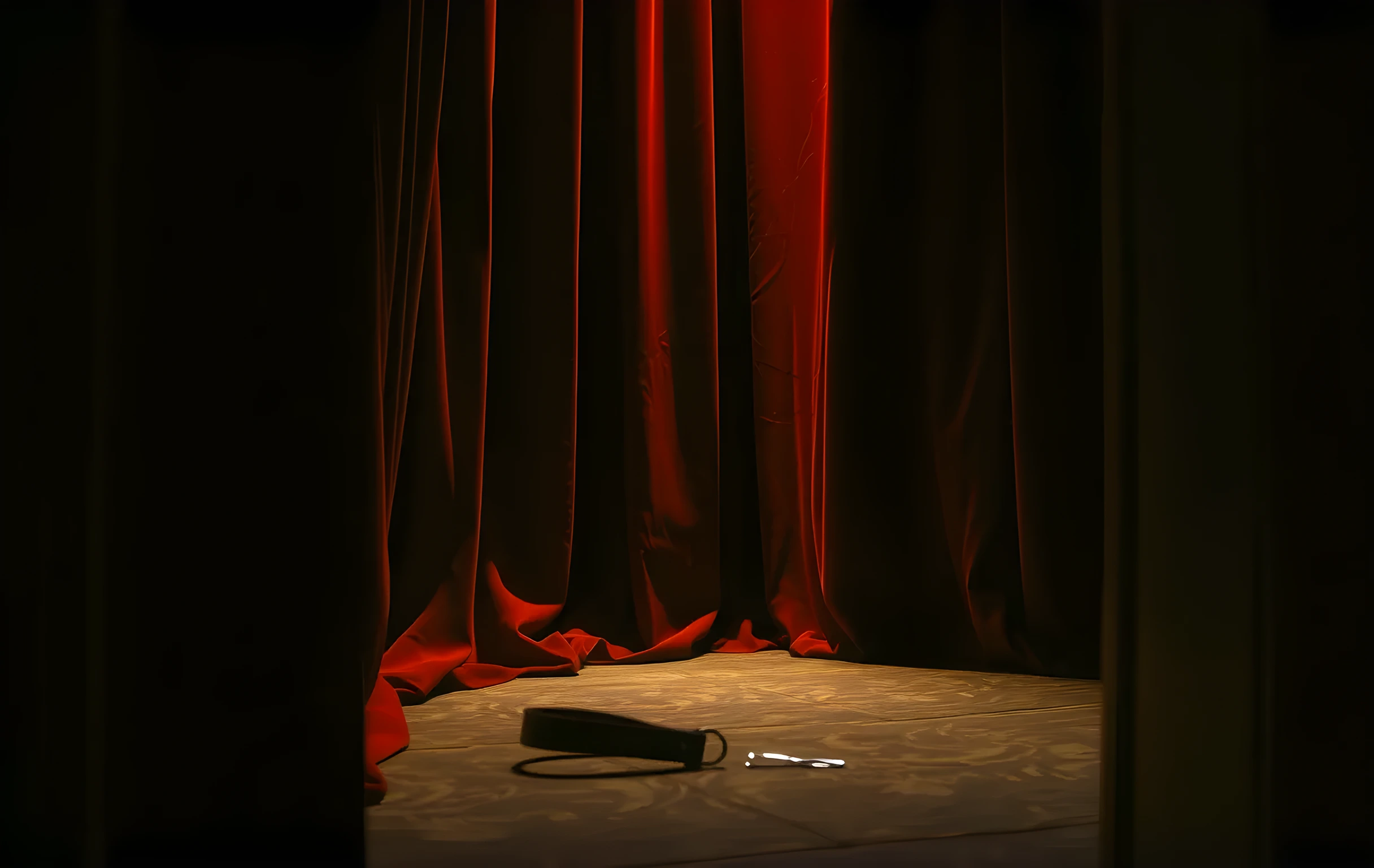 The corner of a theatre stage wing at night, focusing on a velvet curtain pooled on the floor beside a leather strap and a single dropped hairpin, illuminated by dim amber work lights