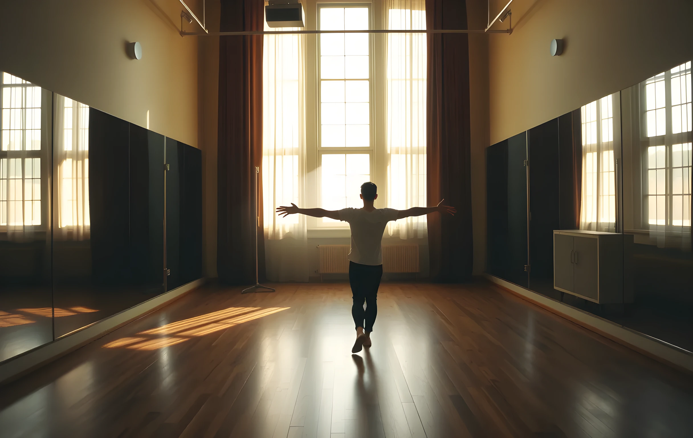 A sunlit rehearsal studio with wooden floors and floor-to-ceiling mirrors reflects a lone figure in motion, arms open and posture relaxed, while soft morning light streams through tall windows illuminating dust motes in the air