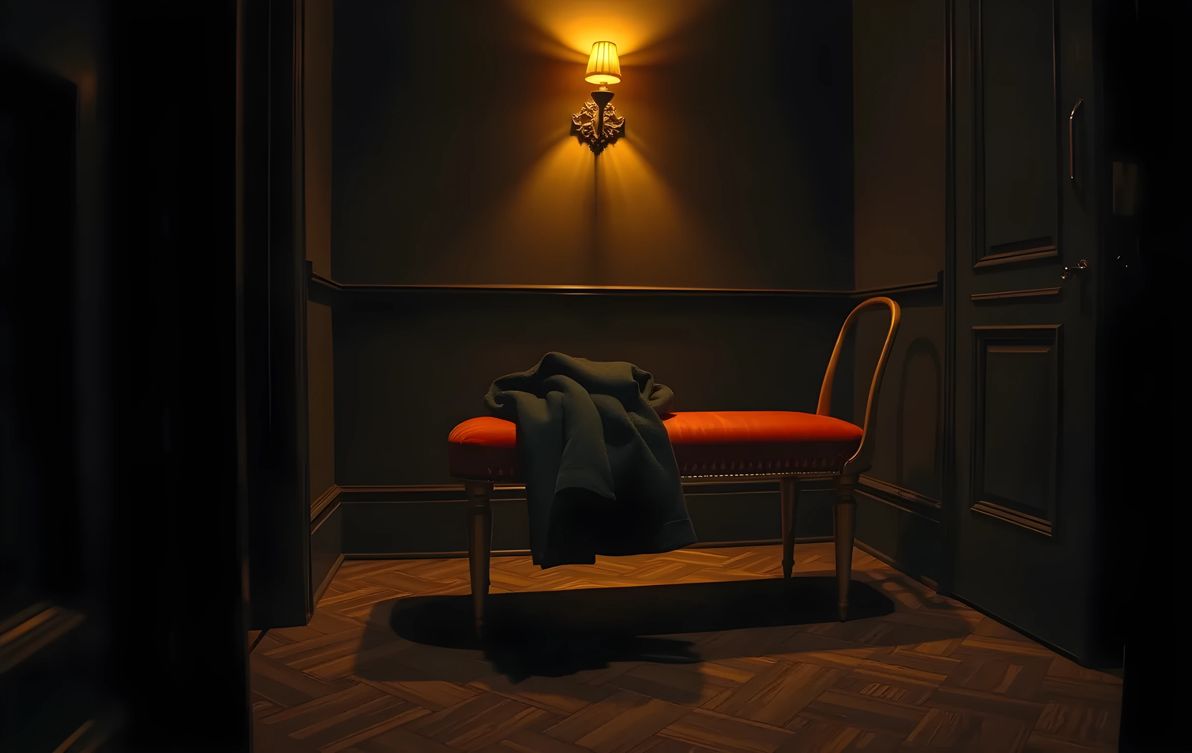 A quiet theater dressing room corner at dusk features a vintage velvet bench draped with a heavy wool coat, its fabric catching the warm amber glow of a single wall sconce while shadows stretch across the parquet floor
