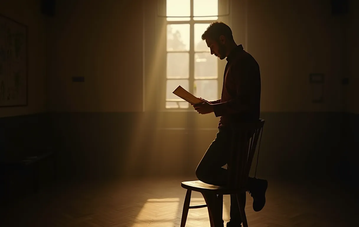 A lone actor stands in a dimly lit rehearsal room, leaning against a wooden chair while studying a worn script, warm afternoon light streaming through a high window