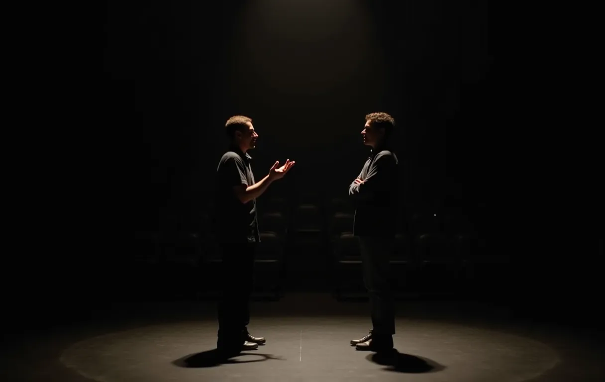 Two performers stand on a bare black stage facing each other, one gesturing with an open palm while the other listens with crossed arms, empty theater seats fading into shadow
