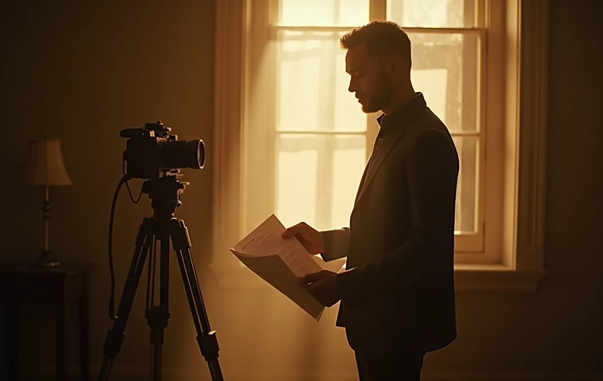 A mid shot of a focused actor standing in a sunlit room, holding a script loosely in one hand while glancing toward a camera mounted on a tripod near a window