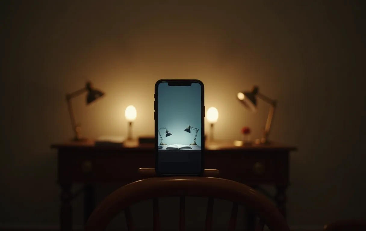 A close up of a smartphone screen displaying a simple reading setup with two desk lamps positioned symmetrically on either side, a plain wall background, and a wooden chair in the foreground