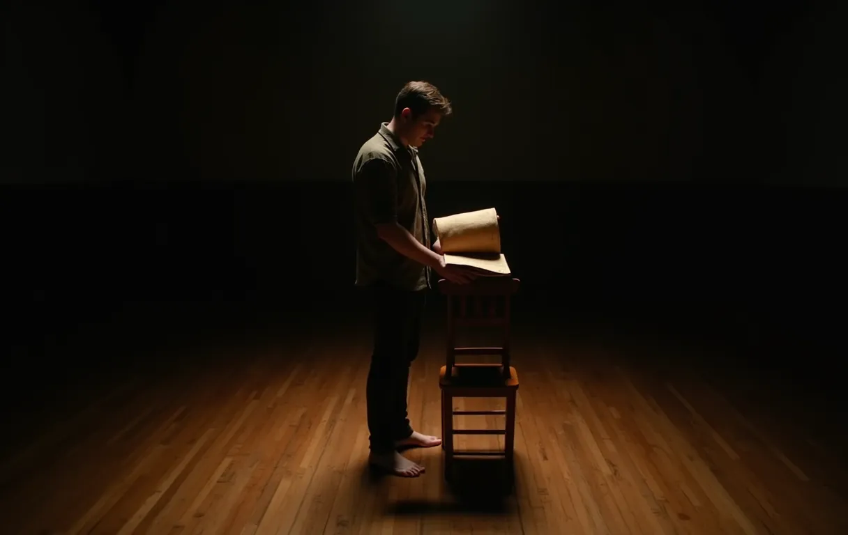 A solo actor standing in a dimly lit rehearsal studio, barefoot on scuffed hardwood floors, eyes closed and hands resting gently on a worn script spread across a wooden chair