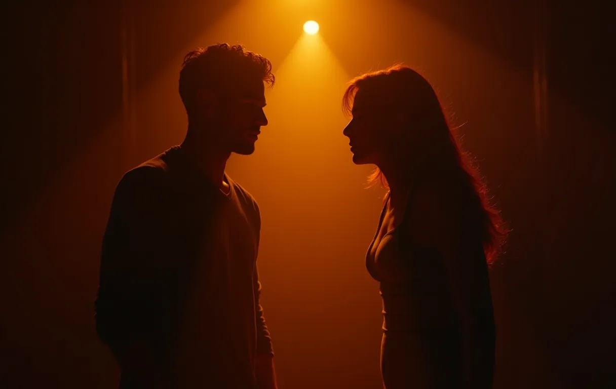 Two performers facing each other on a narrow stage, bathed in warm amber light, their expressions focused and unguarded as they share a quiet moment during a table read