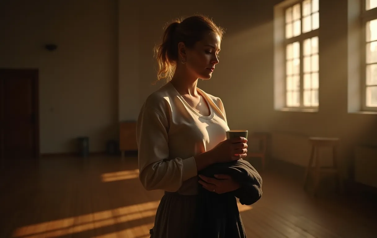 A female actor standing alone in a sunlit rehearsal studio, holding a ceramic mug and a folded jacket, looking down with focused intensity