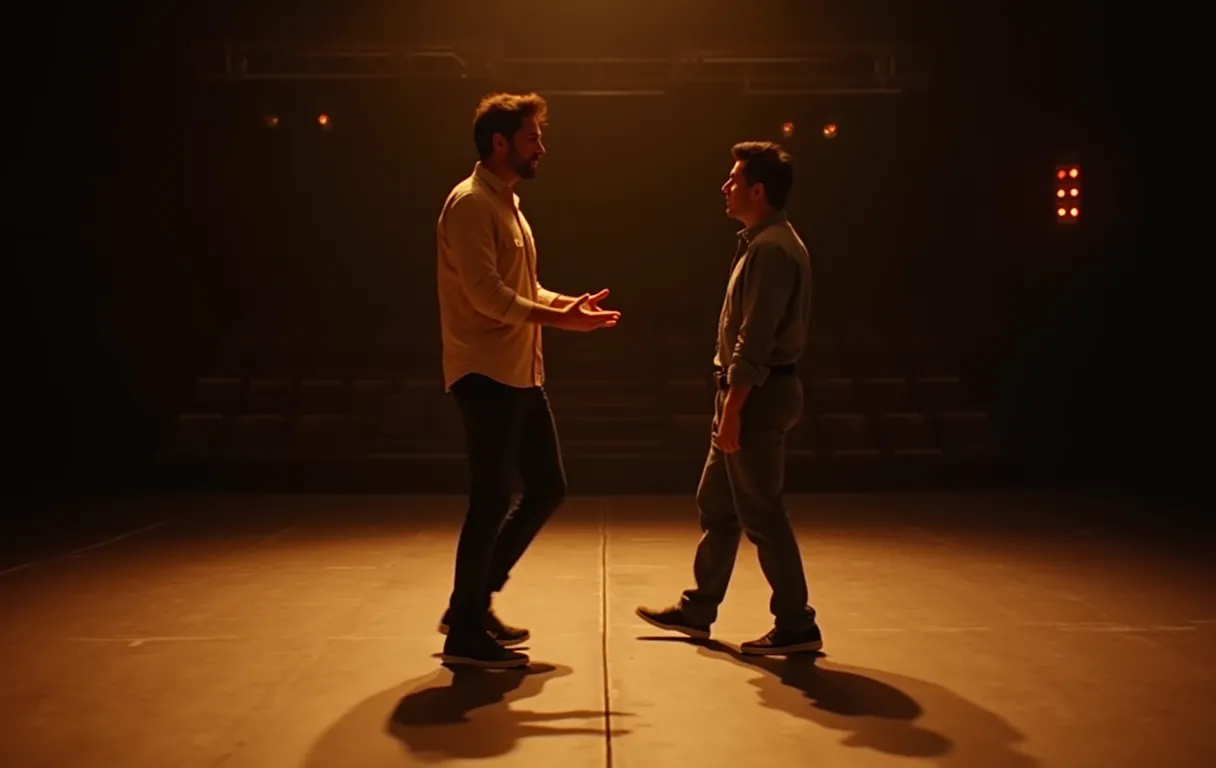 Two actors crossing paths in an empty theater, one gesturing toward a specific floor tape while speaking, both wearing casual rehearsal clothes under warm stage lighting