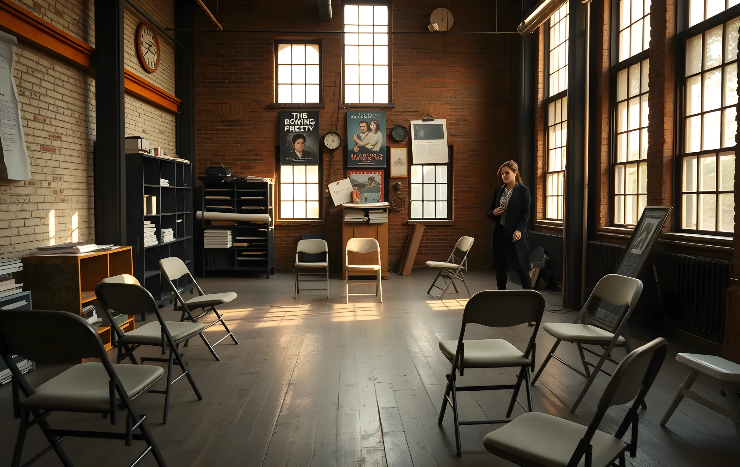 A wide shot of a converted warehouse rehearsal studio in late golden-hour light, tall industrial windows flooding the worn wooden floor with long amber shadows, mismatched folding chairs scattered in loose semicircles, a worn bookshelf along one wall holding stacked scripts and rolled posters, a woman actor visible at medium distance near the back of the room mid-gesture, her dark hair pulled up loosely, the space feeling lived-in and warm with dust motes catching the light