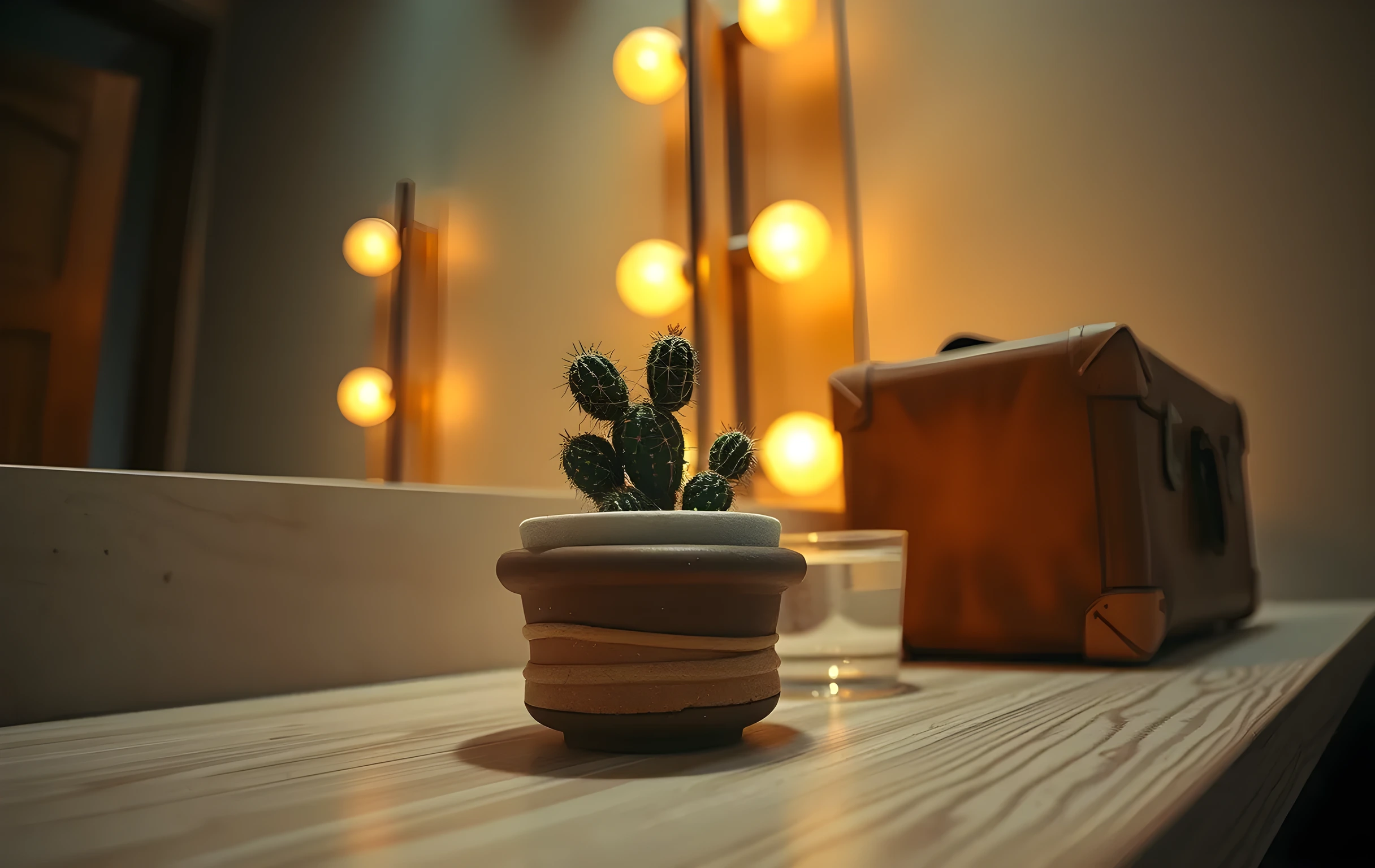 A tight detail scene on a dressing room counter at dusk, a small potted cactus in a hand-thrown ceramic pot beside a half-used tube of cream and a glass of water catching the warm glow of round vanity bulbs, the edge of a worn leather case resting against the back wall, shallow depth of field softening the background into a wash of amber and deep shadow, the textures of wood grain and ceramic in sharp focus