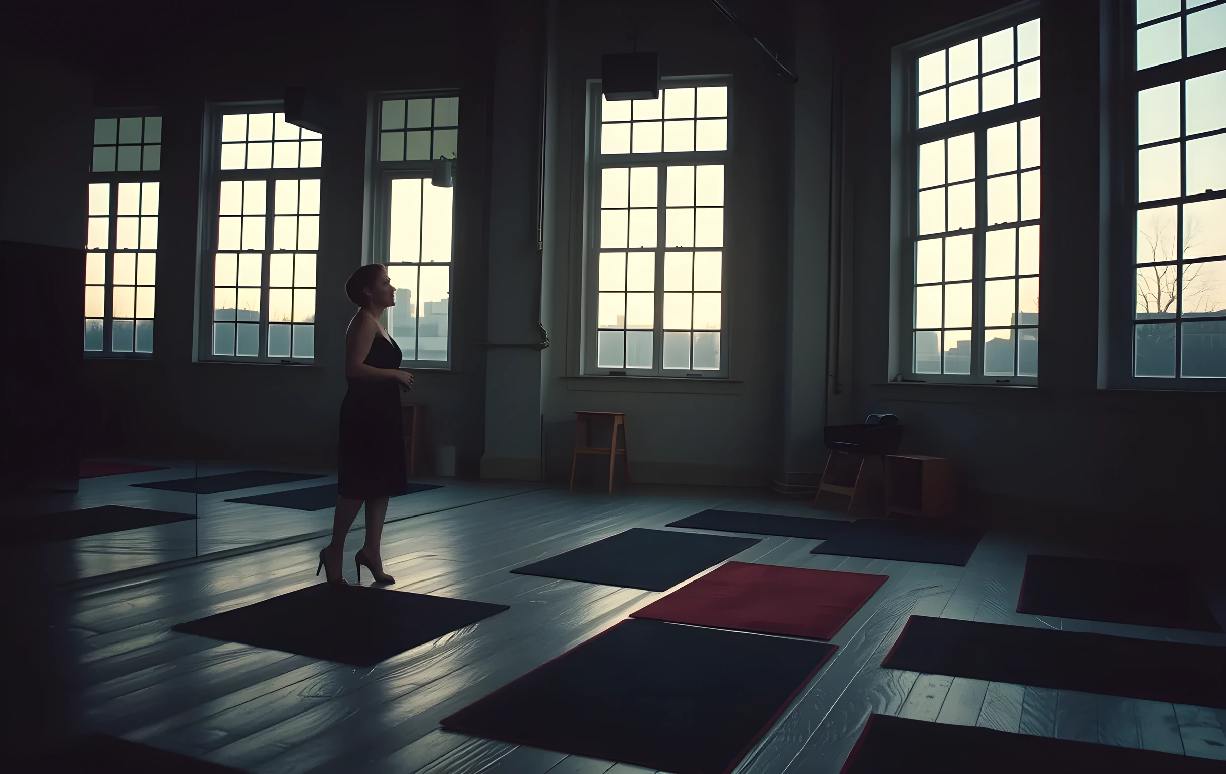 A dimly lit rehearsal studio at dusk, where a woman actor stands near a mirrored wall practicing monologues, her figure small against the high windows and scattered floor mats