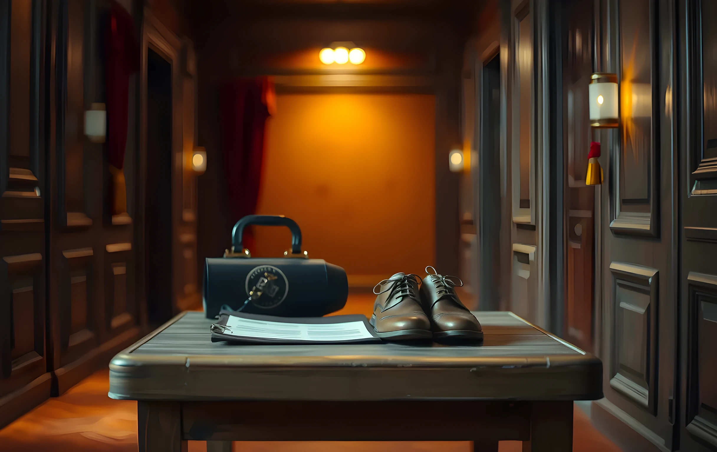 A weathered wooden prop table in a theater backstage corridor, holding a vintage script binder, a pair of leather stage shoes, and a single velvet curtain tassel catching the warm light