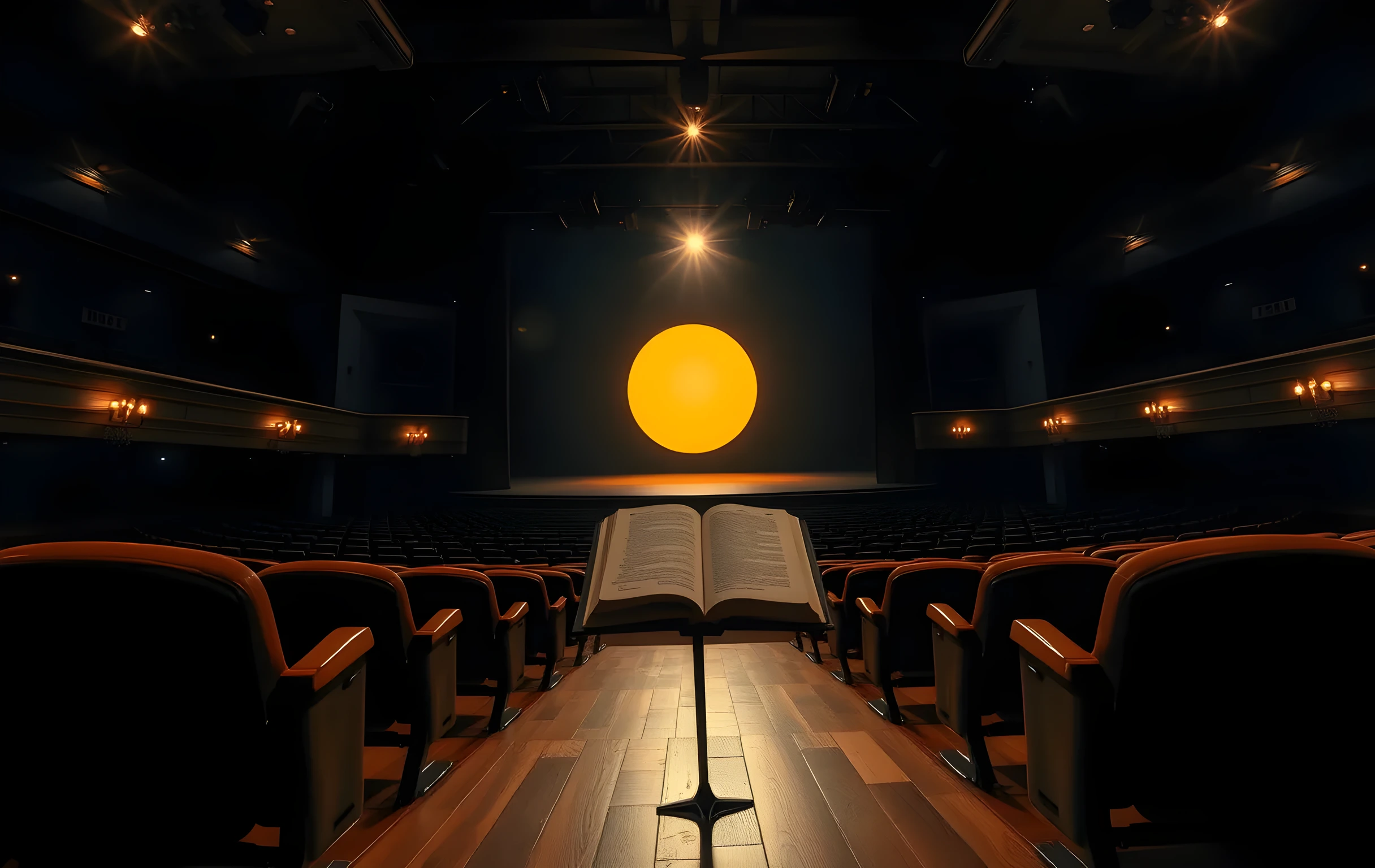 A vast empty theatre stage seen from the back row of dark velvet seats, warm amber footlights washing across worn wooden floorboards, a single round pool of golden spotlight on center stage where an open leather-bound book rests on a small music stand, dust motes drifting through the beam, rows of empty seats receding into deep blue-black shadow, wide cinematic composition with no people visible