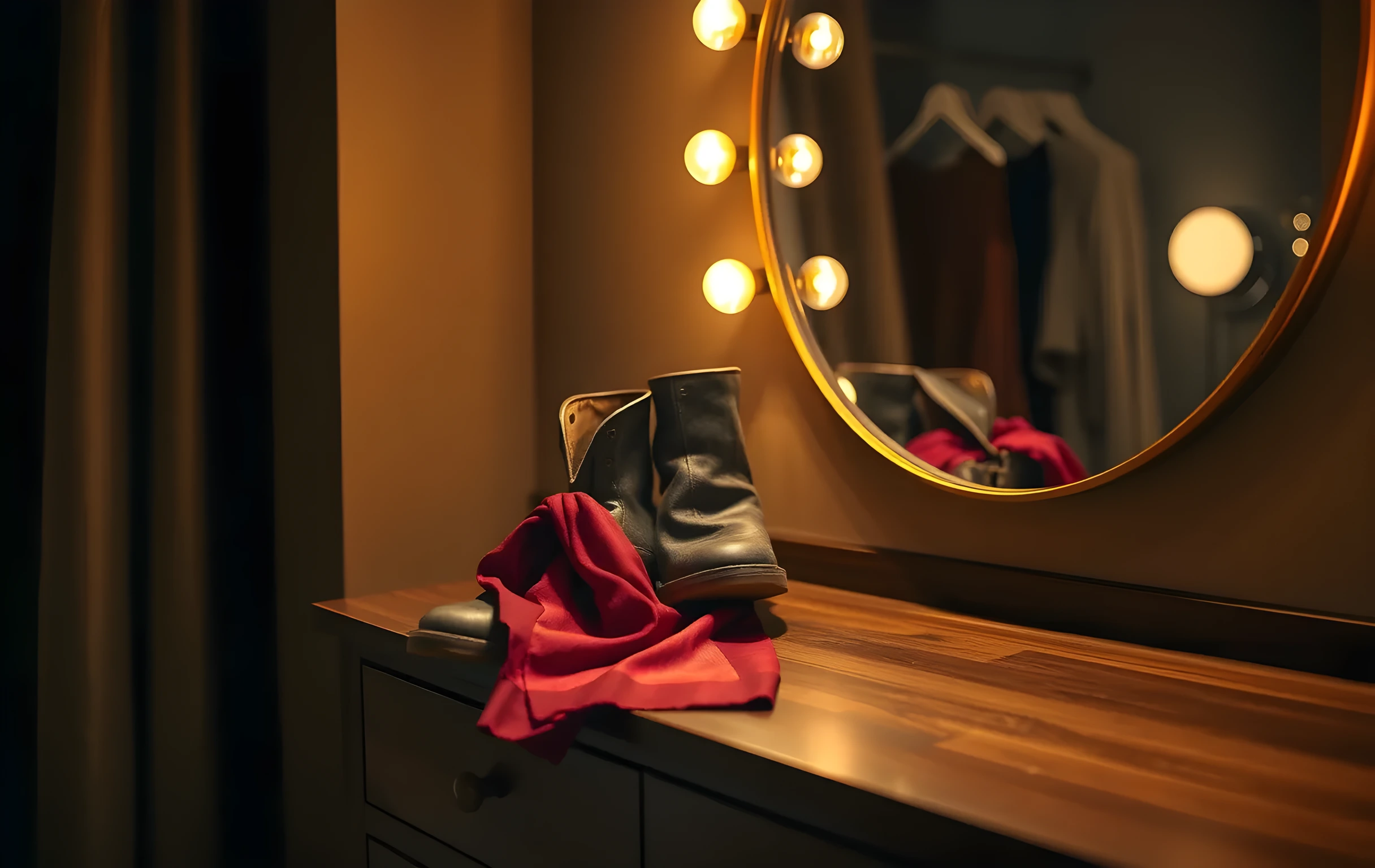 A compact dressing room bathed in the warm glow of a round mirror ringed with small round bulbs, a pair of well-worn brown leather boots and a loosely knotted deep red silk scarf resting on the edge of a dark walnut vanity table, soft amber light from one side casting long gentle shadows across the polished wood surface, the mirror reflection showing only blurred shapes of hangers and draped fabric, intimate close detail shot with shallow depth of field