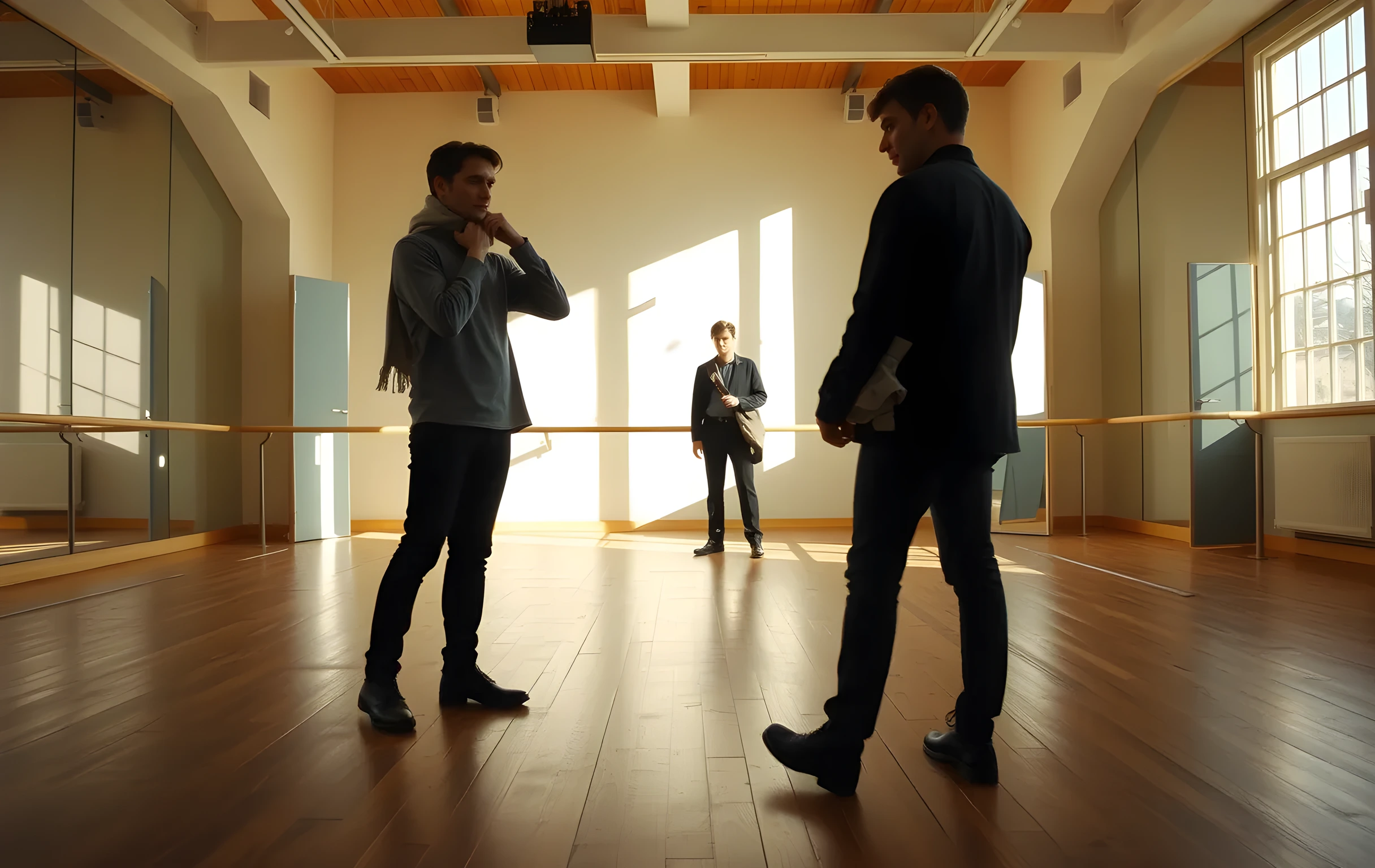 A sunlit rehearsal studio with wooden floors and large mirrors, three actors standing in a loose triangle across the room, one actor adjusting a wool scarf while another holds a folded stage costume, soft afternoon light casting long shadows, cinematic wide shot