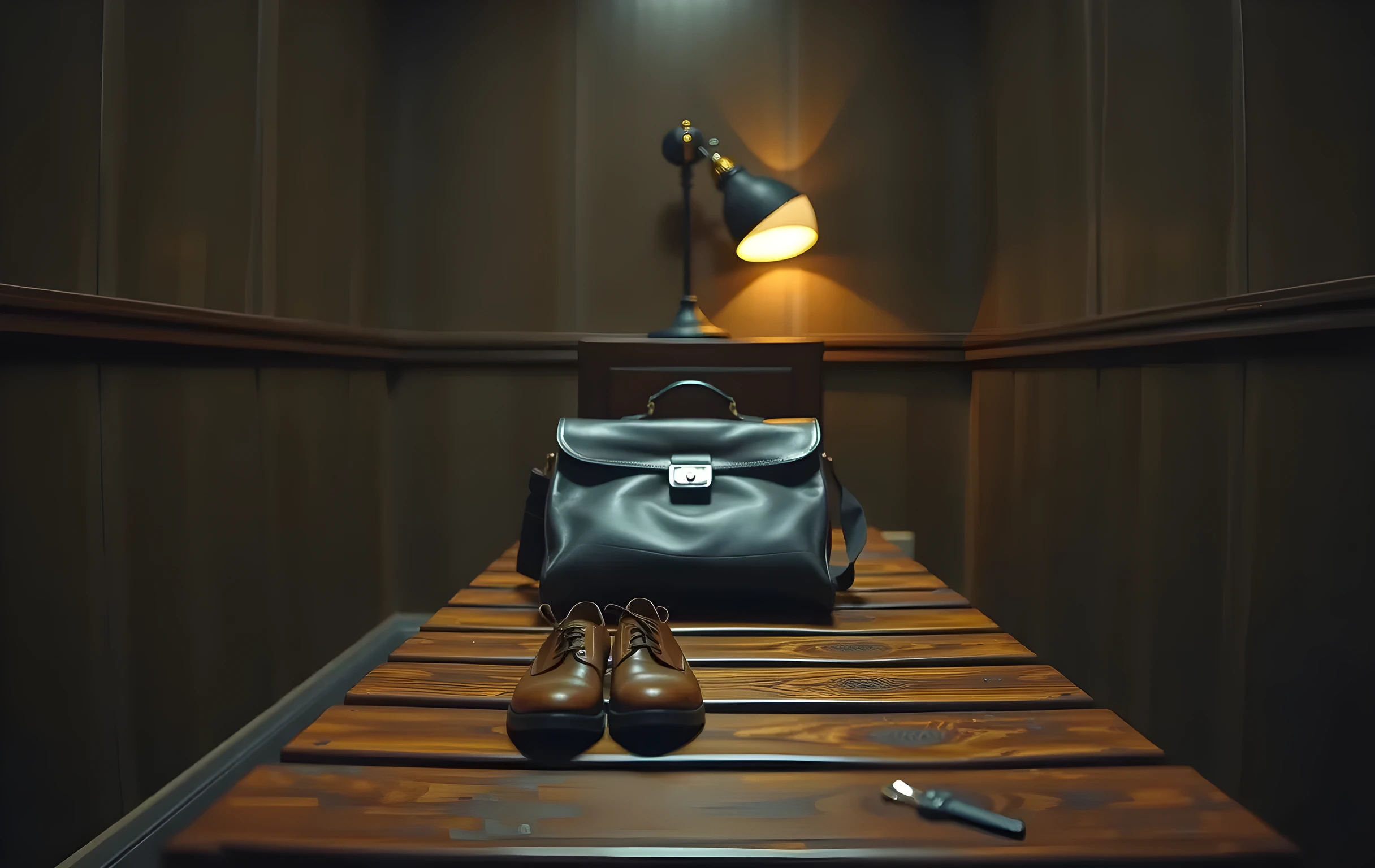 A quiet theater dressing room at dusk, a single wooden bench holding a worn leather satchel, a pair of scuffed stage shoes, and a simple silver hairpin resting beside a dim vanity lamp, shallow depth of field, cinematic medium shot