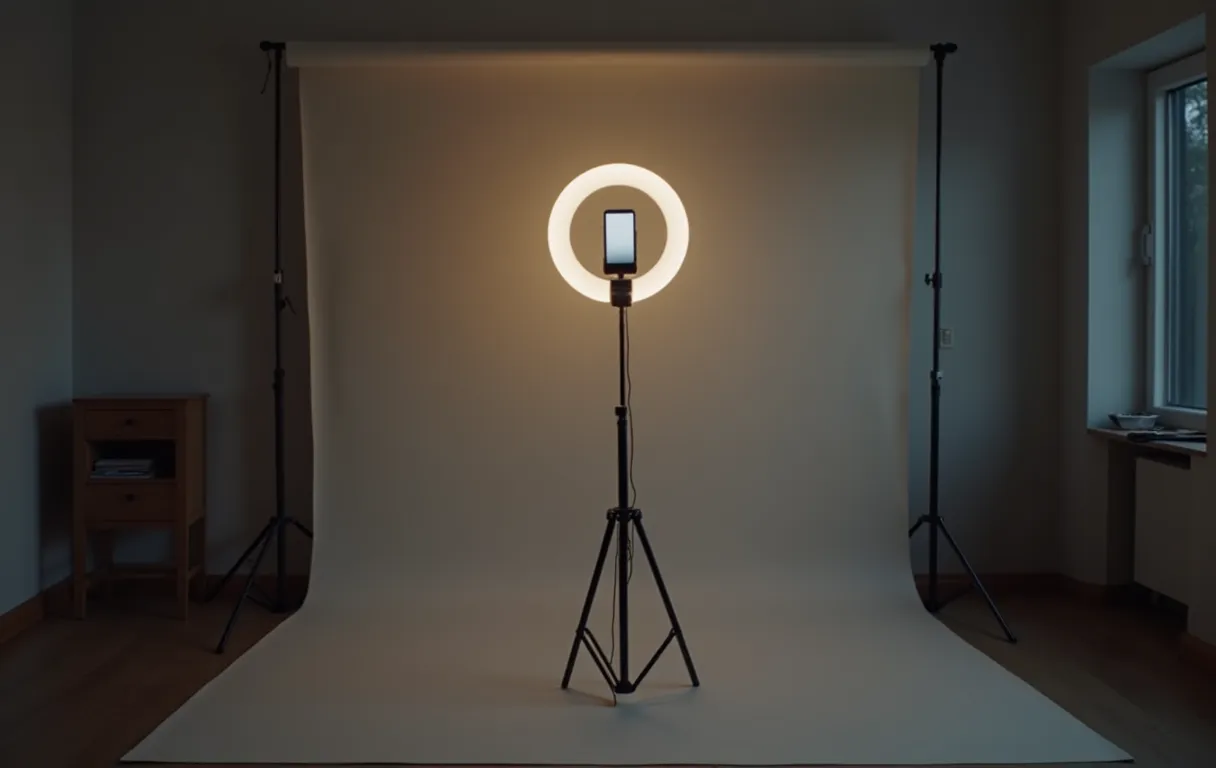 A home self-tape setup with a ring light, phone tripod, and neutral backdrop