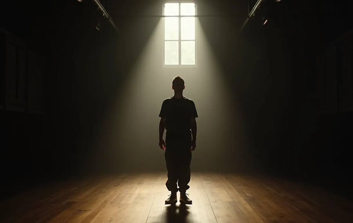 A solitary actor standing center stage in a dimly lit rehearsal room, wearing simple black practice clothes, hands resting lightly at their sides, soft natural light streaming through a high window onto wooden floors