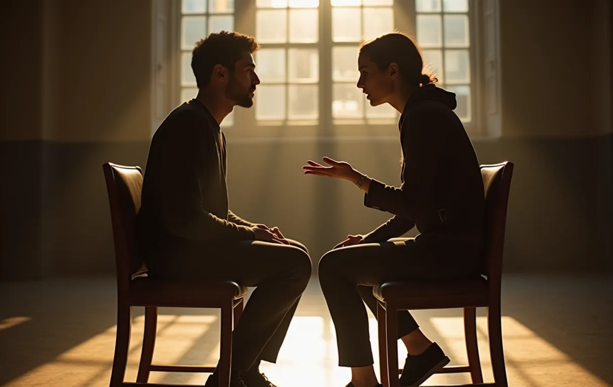 Two performers sitting on worn theater chairs in a sunlit studio, leaning slightly toward each other with focused expressions, one gesturing subtly with an open palm, the other listening intently, empty rehearsal space behind them