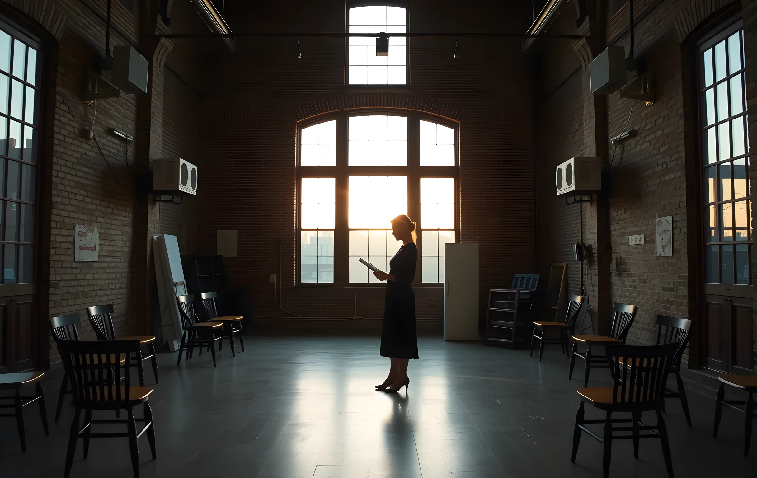 A wide rehearsal studio at dusk with exposed brick walls and scattered wooden chairs, where a woman actor stands near a large window examining a worn script, her posture relaxed as afternoon light spills across the floor
