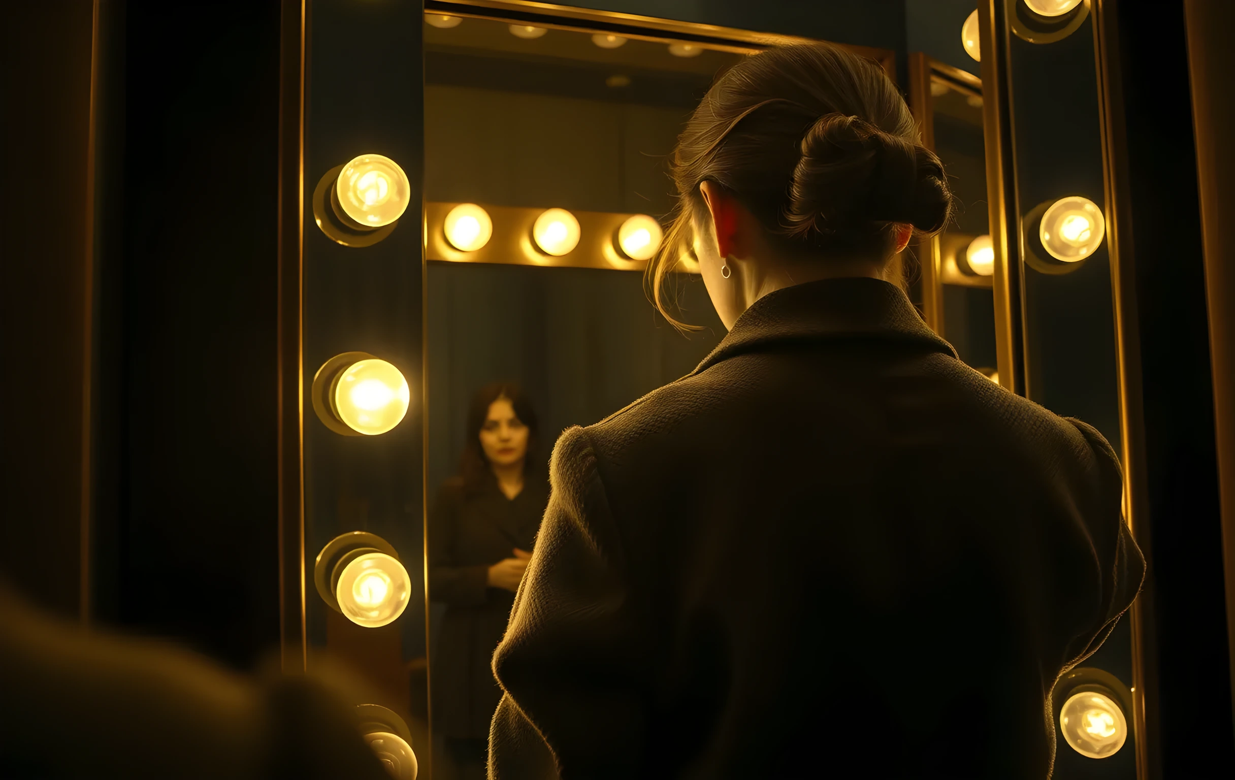 A closer detail scene of a dimly lit dressing room mirror reflecting the back of a woman actor adjusting a vintage coat, the focus resting on the texture of the fabric and the soft glow of vanity bulbs along the frame