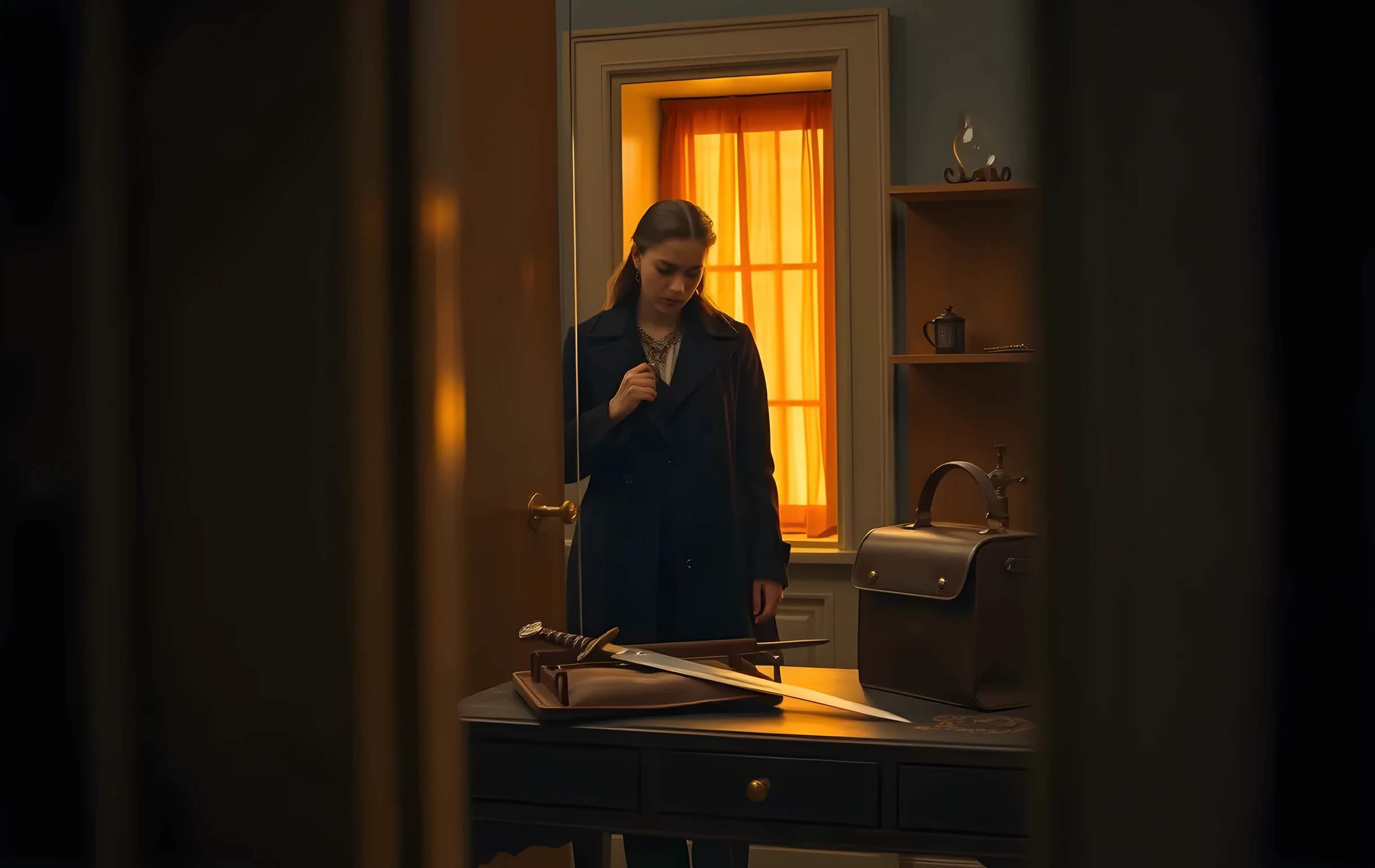A closer detail of a backstage dressing room corner at dusk, where a young woman in a dark coat stands slightly off-center examining a wooden prop sword and a leather satchel resting on a vintage vanity table, with warm amber light spilling through a narrow window behind her