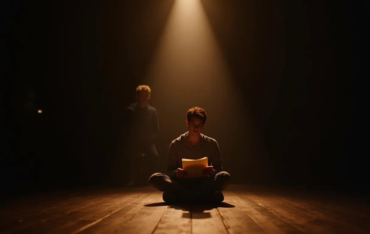 A teenage actor sitting cross-legged on a worn wooden stage floor, reading a highlighted script under a single warm work light while a theater director watches from the shadows