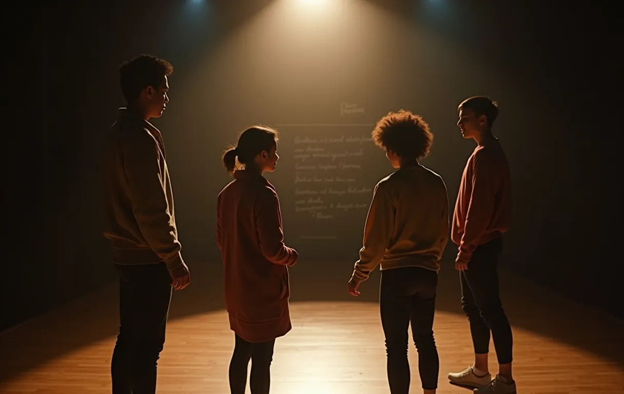 A diverse group of four teen performers standing in a loose circle on a sunlit community theater stage, gesturing naturally during a scene study with a chalkboard script visible in the background
