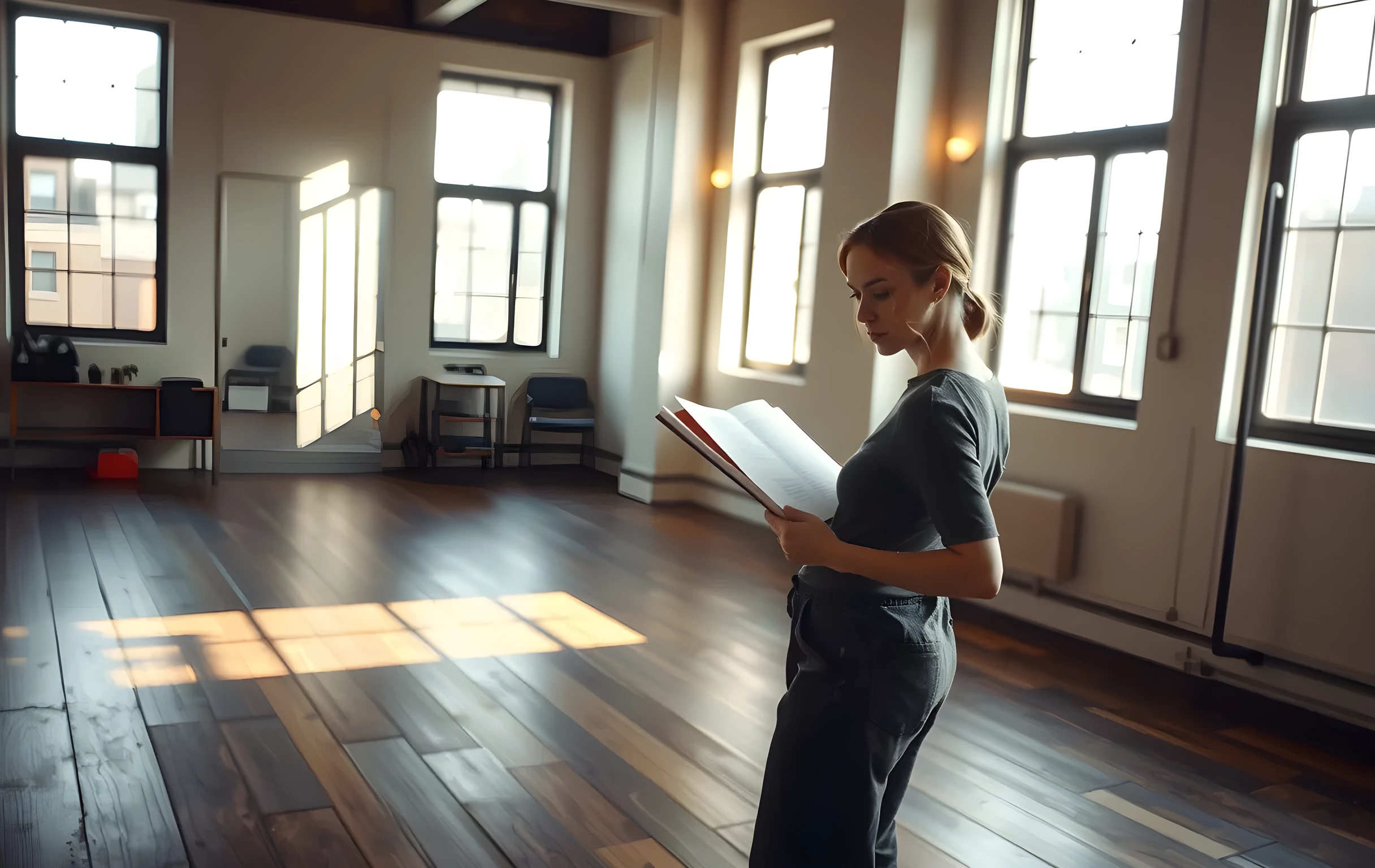 A sunlit rehearsal studio with worn wooden floors and tall windows overlooking a quiet New York block, where a woman in simple practice clothes stands alone near a mirrored wall, reviewing a dog-eared script while soft morning light pools across the empty space
