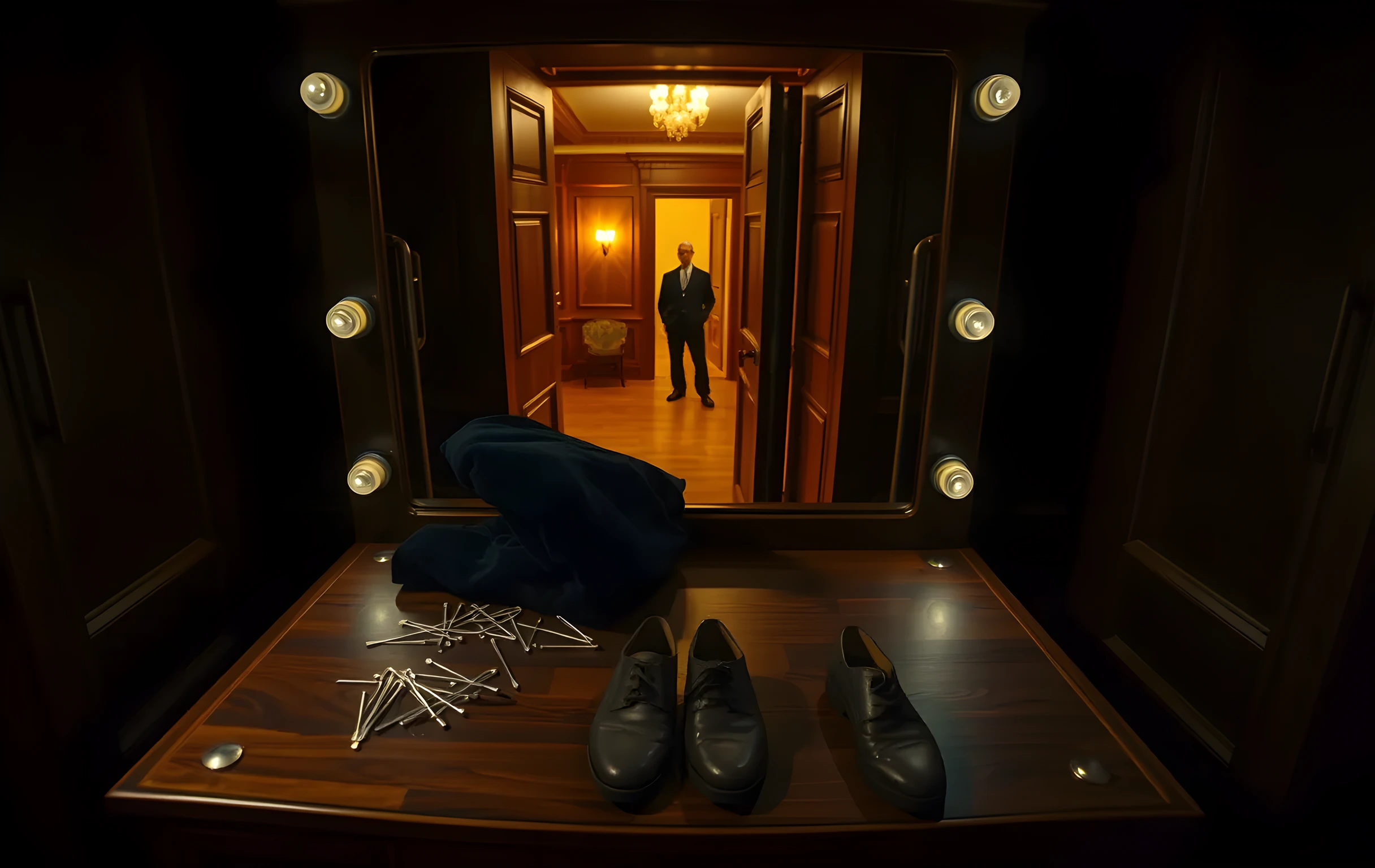A dimly lit theater dressing room at dusk, where a vintage wooden vanity holds scattered hairpins, a folded velvet coat, and a pair of worn leather shoes on the floor, with the faint silhouette of an actor visible through the open doorway in the background