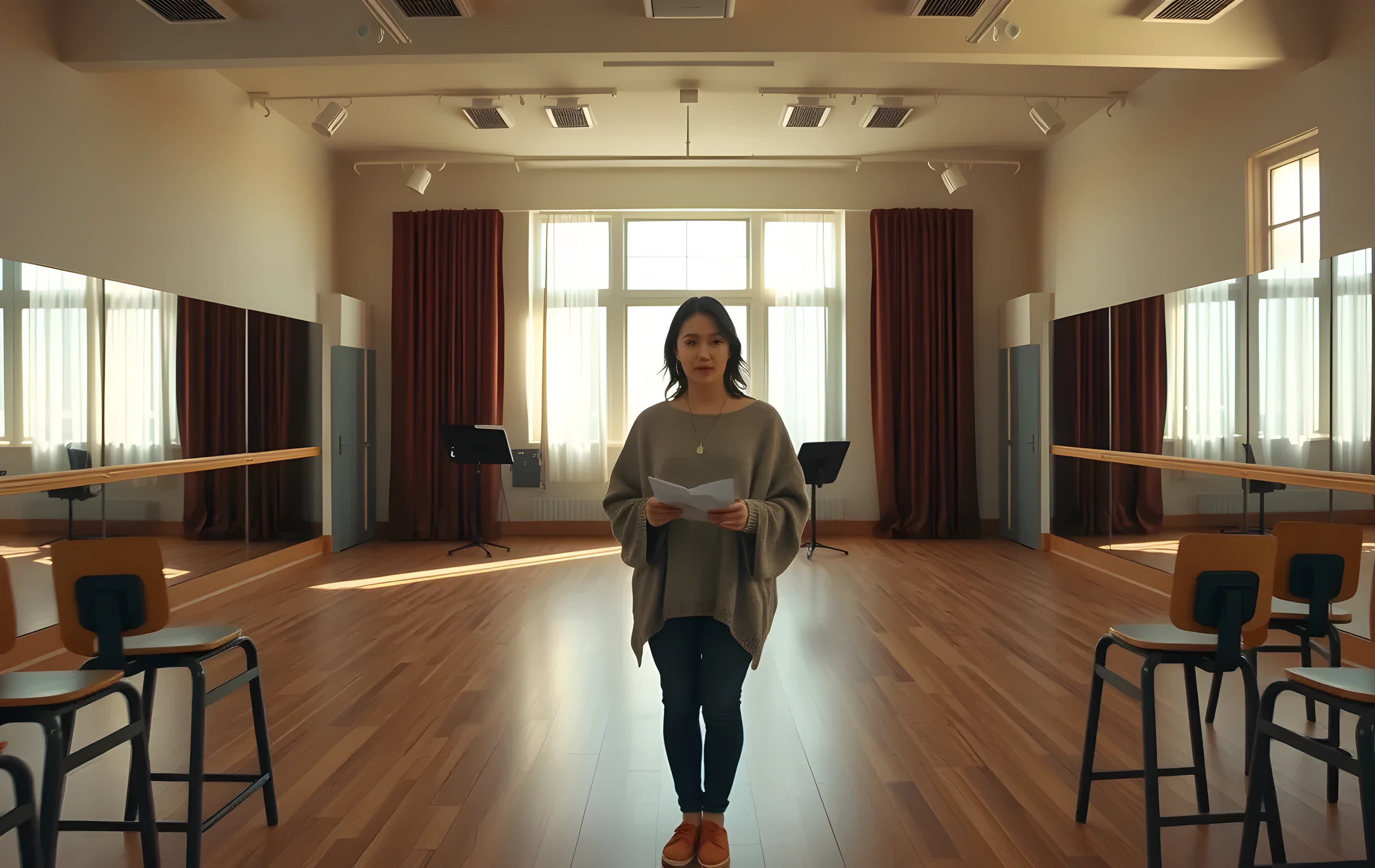 A wide shot of a sunlit rehearsal studio with wooden floors and mirrored walls, where a woman in a loose sweater stands center stage holding a script, her posture open and focused, with scattered chairs and a music stand visible in the background