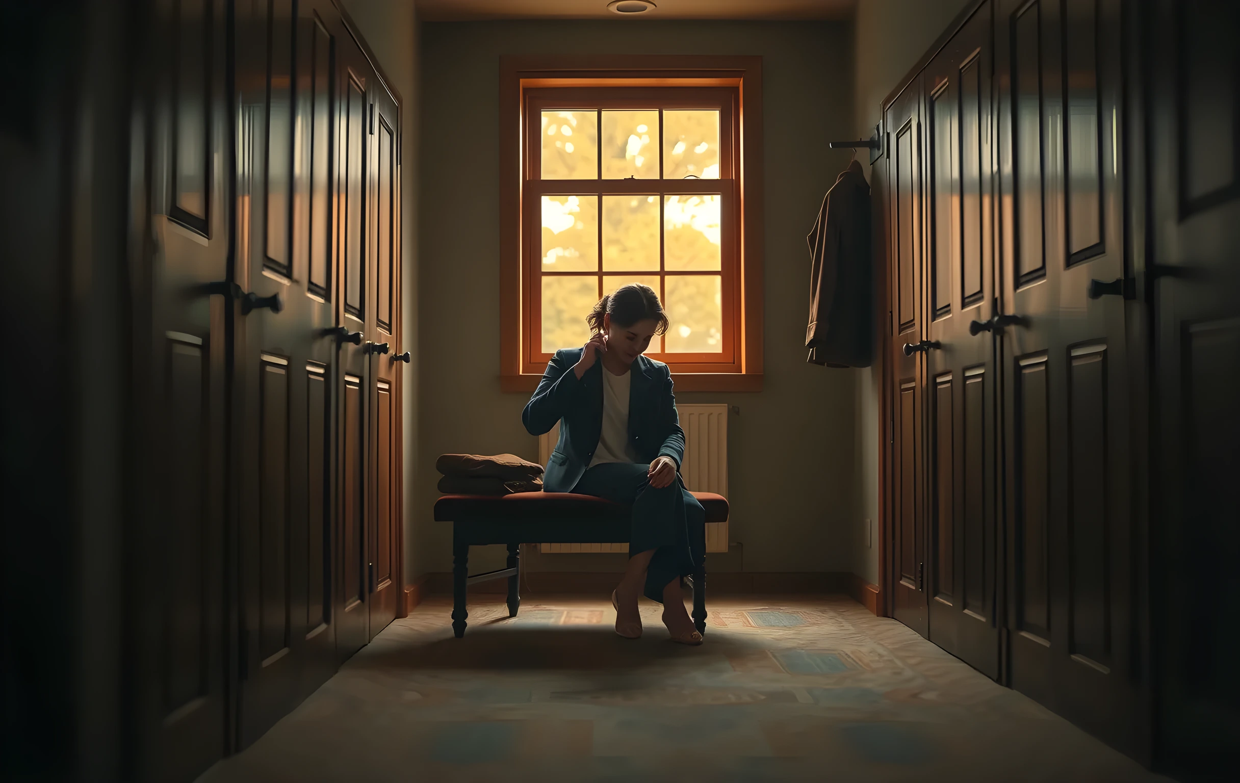 A medium shot of a quiet theater dressing room at dusk, where a woman sits on a worn velvet bench near a window, adjusting a simple costume jacket, with soft amber light spilling across the room and a single garment bag hanging nearby