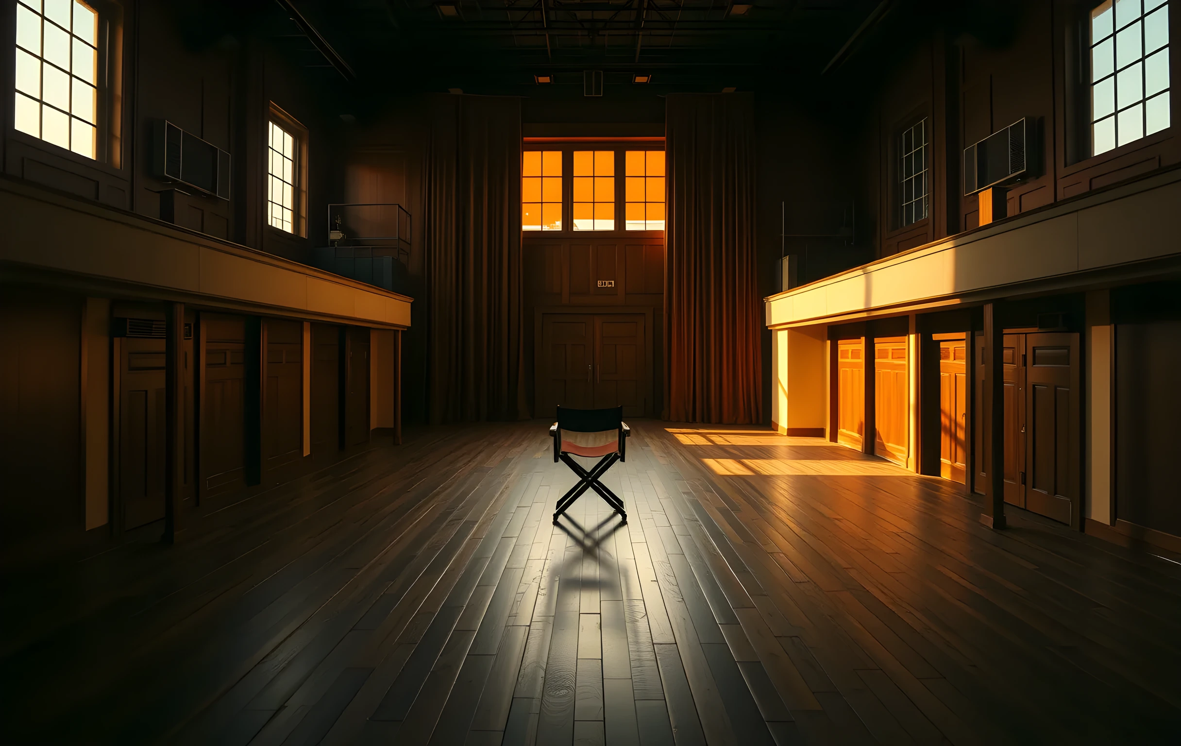 A wide cinematic shot of an empty black box theater at dusk, warm amber light streaming through tall windows onto scuffed wooden floors, a single wooden director's chair sits center stage, long shadows stretch across the space, the room feels quiet and ready