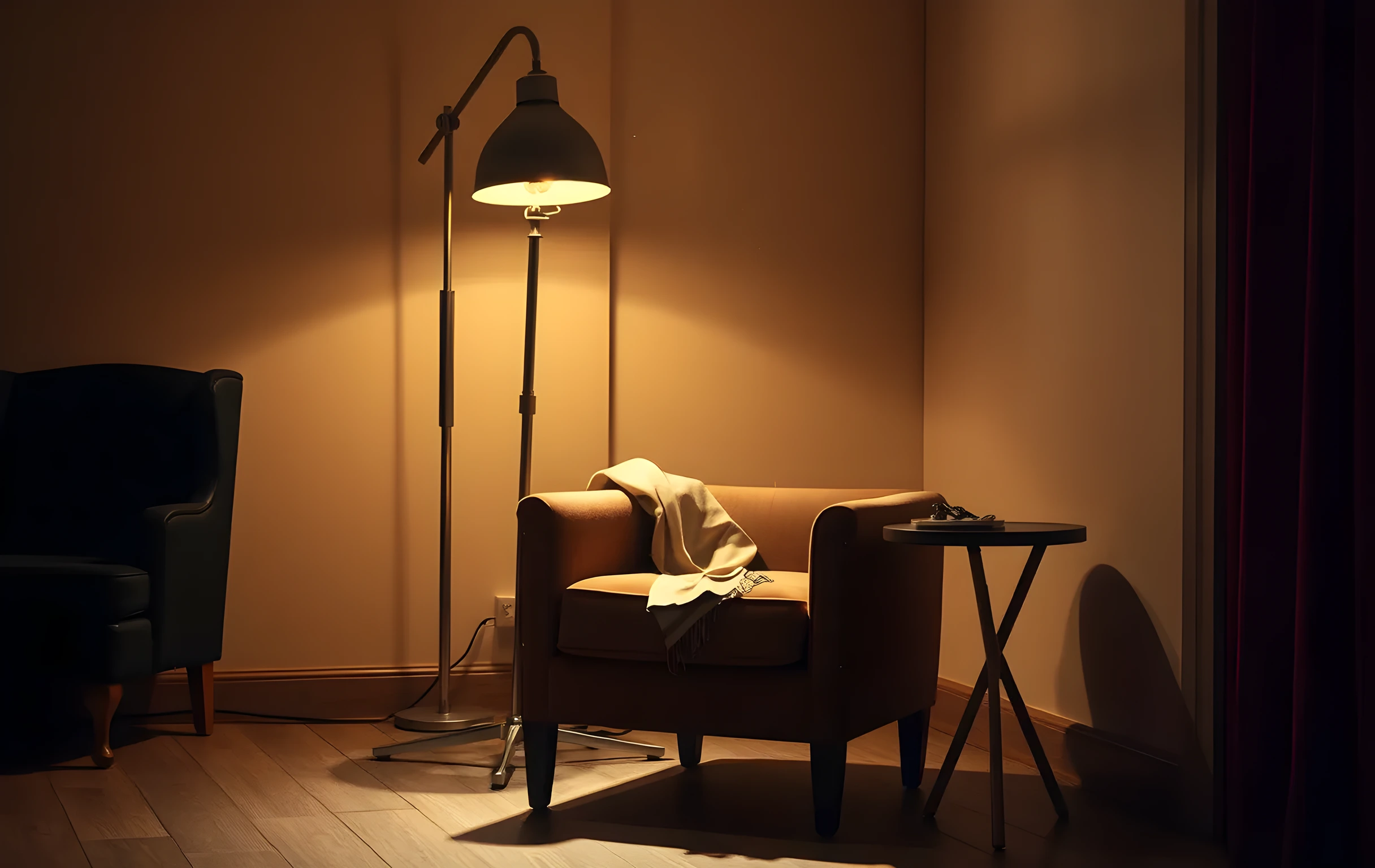 A medium cinematic shot of a rehearsal studio corner, a vintage floor lamp casts a soft pool of light onto a worn velvet armchair, a silk rehearsal scarf rests draped over a small side table, dust motes drift in the air, the atmosphere feels still and focused
