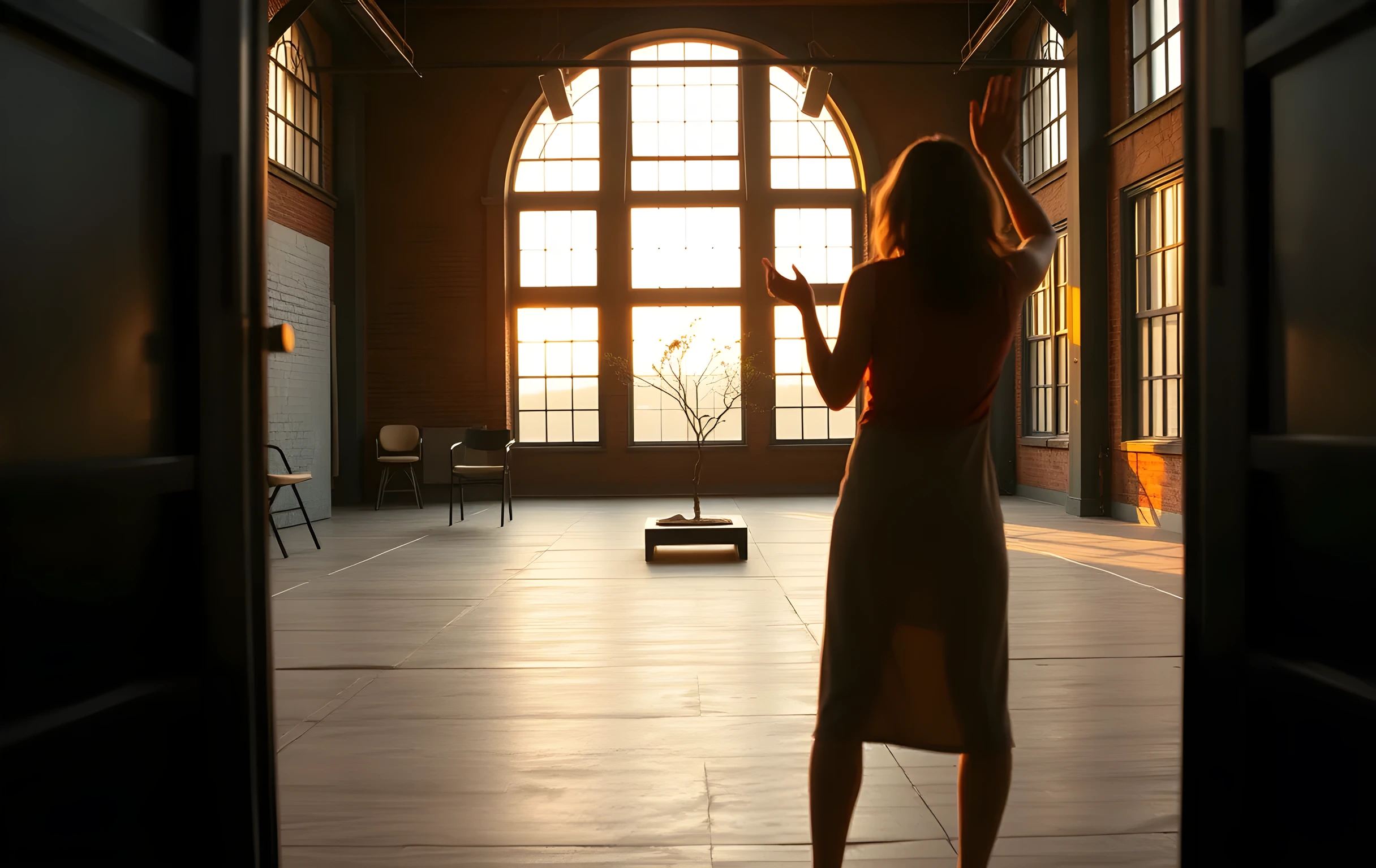 A vast rehearsal studio inside a converted Brooklyn warehouse at golden hour, enormous arched industrial windows flooding the space with warm amber light across a worn wooden stage floor marked with faded chalk lines, a bare olive tree prop on a low platform near center stage, three empty director's chairs scattered to one side, a woman actor seen from behind at medium distance mid-gesture with arms slightly raised as if holding an invisible cup, long shadows stretching toward the camera, dust motes visible in the light shafts