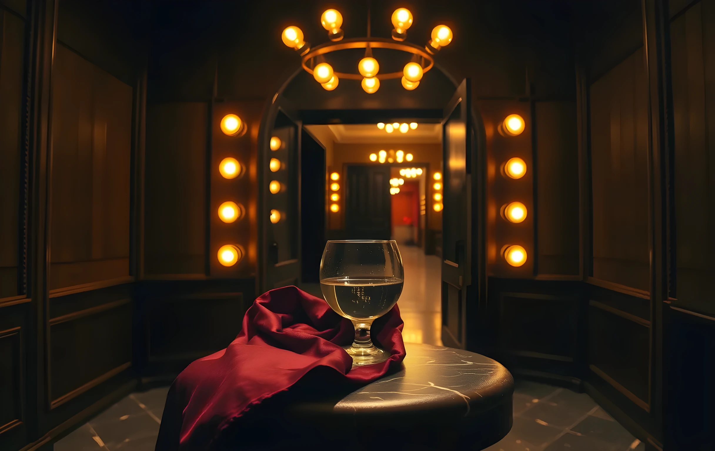 A theatre dressing room at night lit entirely by warm tungsten bulbs ringed around a large oval mirror, a long deep burgundy silk scarf draped over the back of a wooden stool in the foreground, a half-empty glass of water catching the amber glow on a dark marble counter, soft warm bokeh of a backstage corridor stretching into gentle shadow beyond the open door, no people visible, quiet and intimate atmosphere