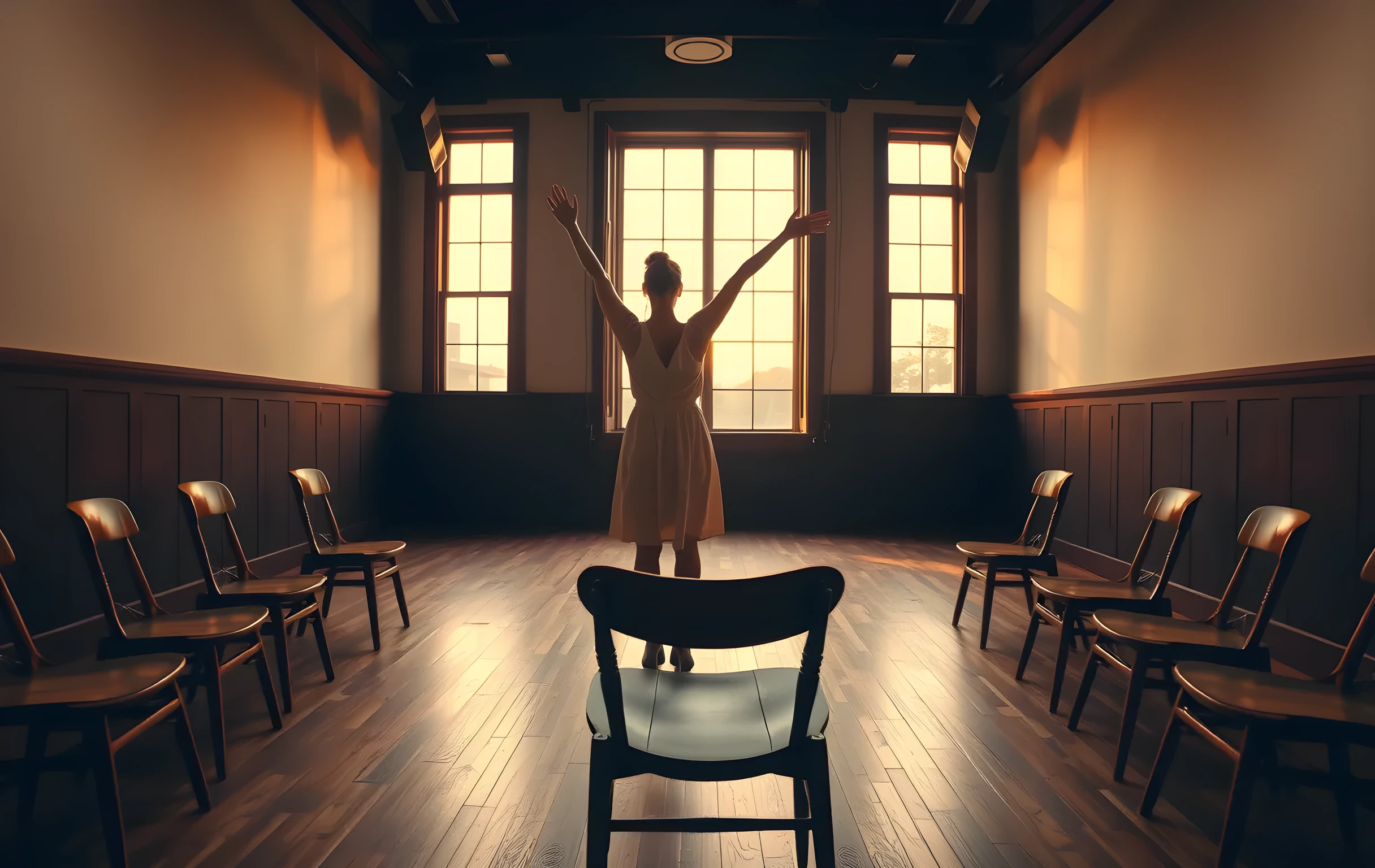 A wide cinematic shot of a dimly lit rehearsal studio at dusk. A woman actor stands near a tall window, stretching her arms toward the ceiling, with empty wooden chairs arranged in a semicircle behind her. Warm amber light spills across the scuffed hardwood floor