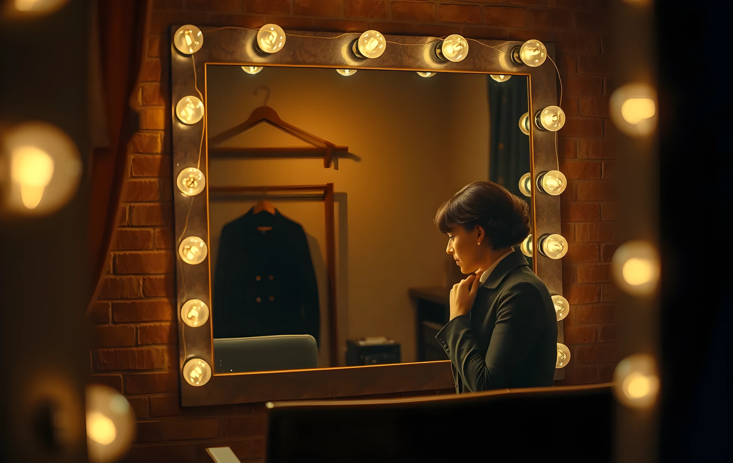 A medium shot of a quiet dressing room mirror surrounded by vintage bulbs. A woman actor sits on a wooden bench, adjusting her coat collar, with a neatly folded costume hanging in the background. Soft overhead lighting creates gentle shadows across the room