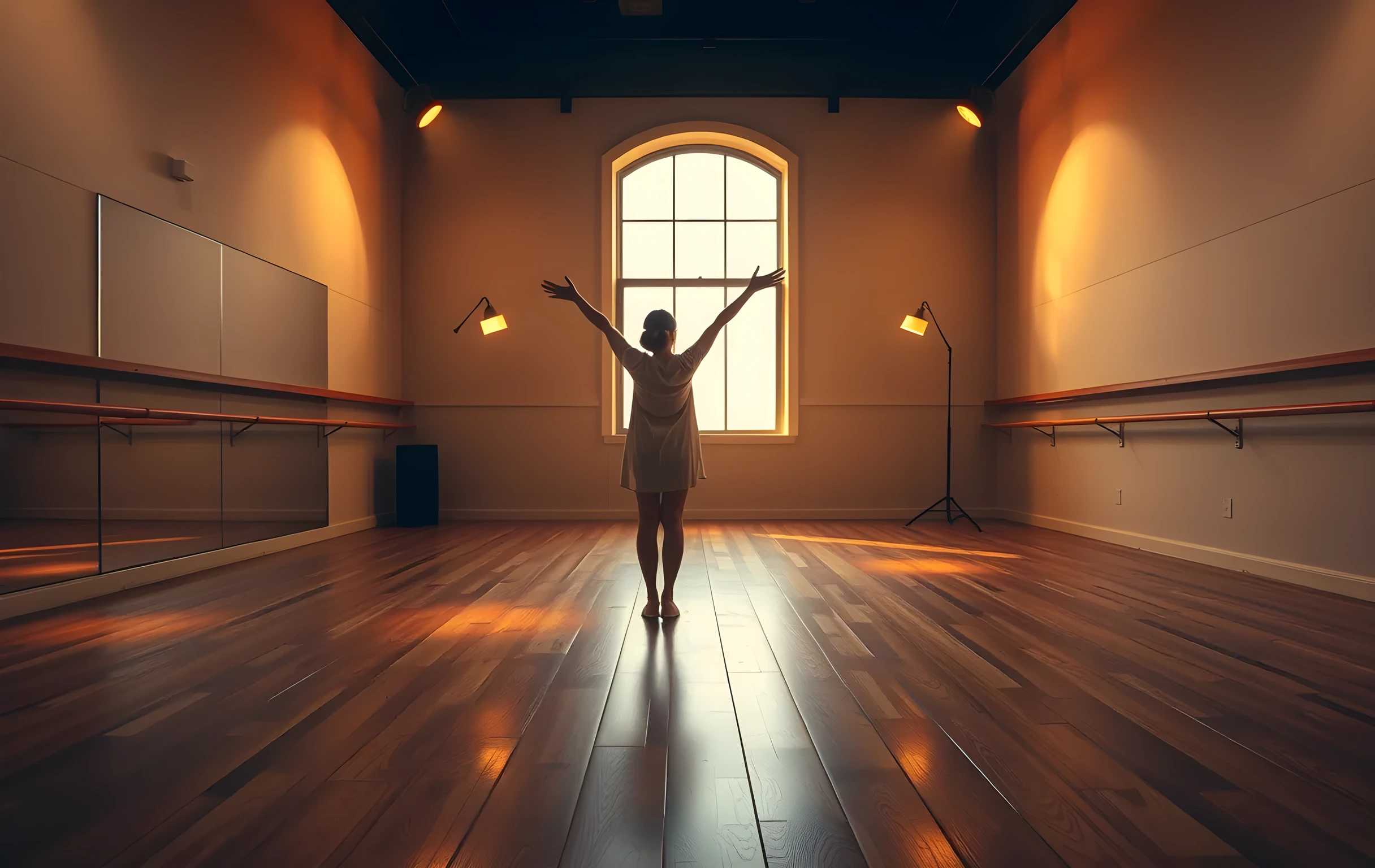 A wide rehearsal studio at dusk where a woman actor stands alone near a mirrored wall, stretching her arms toward a high window while warm stage lights spill across the wooden floor and a single standing lamp