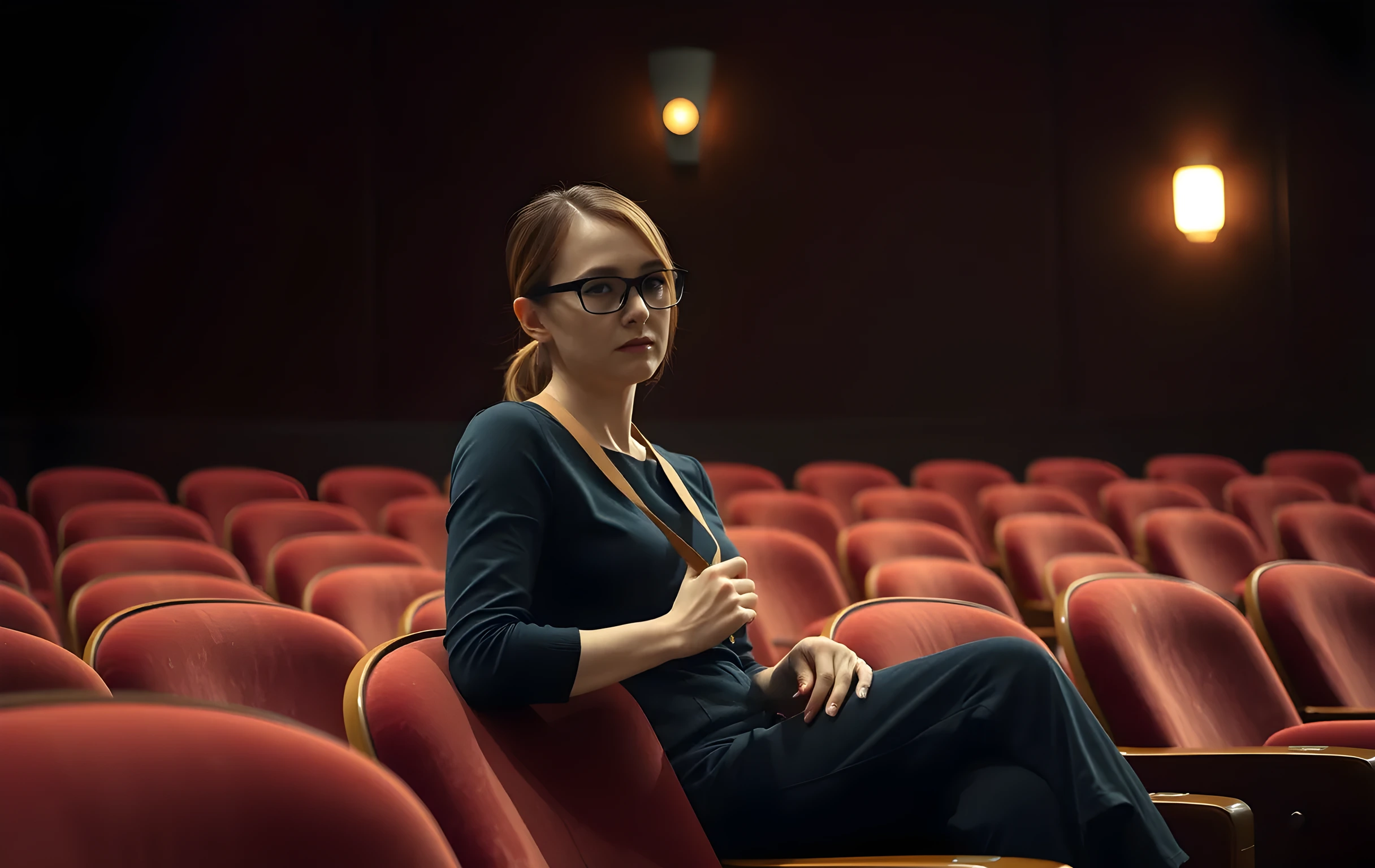 A medium shot of a woman actor sitting on the edge of a worn velvet theatre seat in an empty auditorium, her hands resting loosely on her knees as she adjusts a simple leather strap under the cool glow of a single aisle sconce