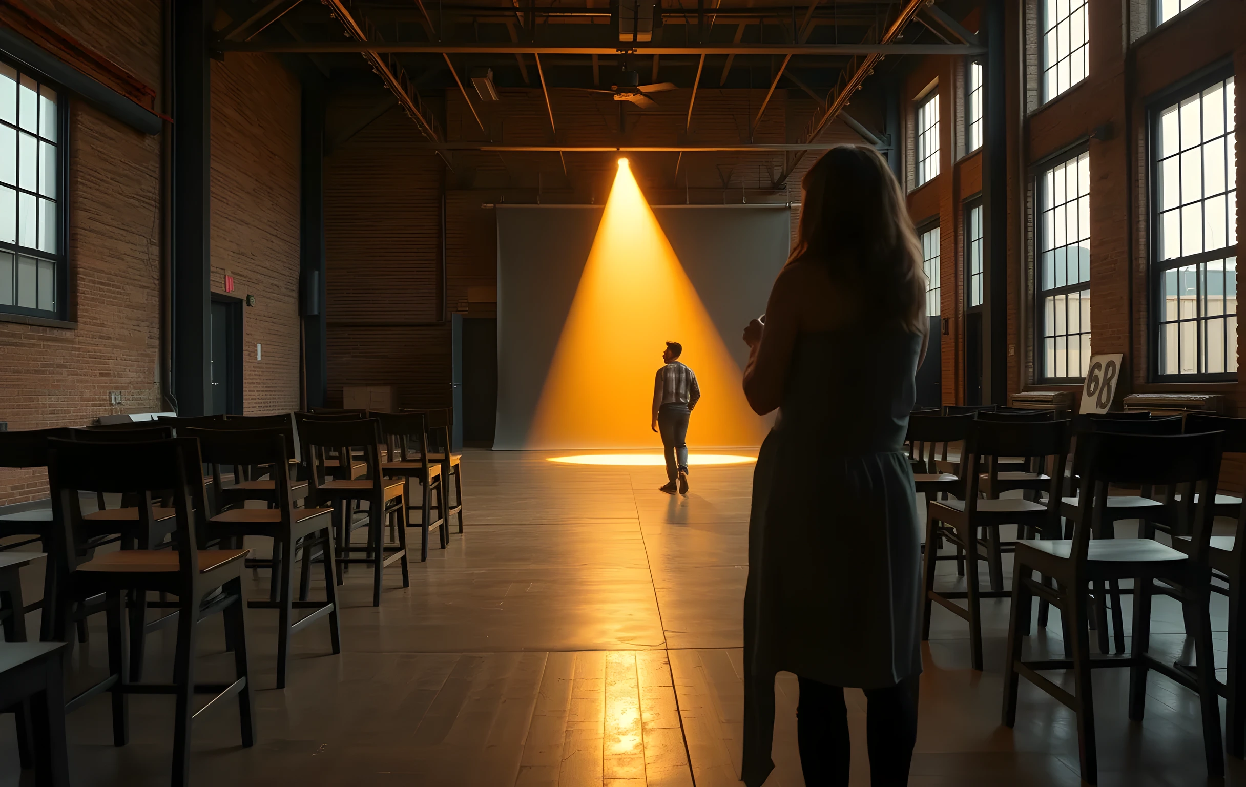 A vast empty rehearsal studio at golden hour in a converted Brooklyn warehouse, rows of wooden chairs pushed unevenly against the far wall, a single warm spotlight cutting a cone of amber light through floating dust motes across a scuffed hardwood floor, a woman actor seen from behind at medium distance standing at the edge of the lit pool gazing toward the dark stage area, tall industrial windows letting in low sun, exposed brick and steel beams, no text or signage anywhere