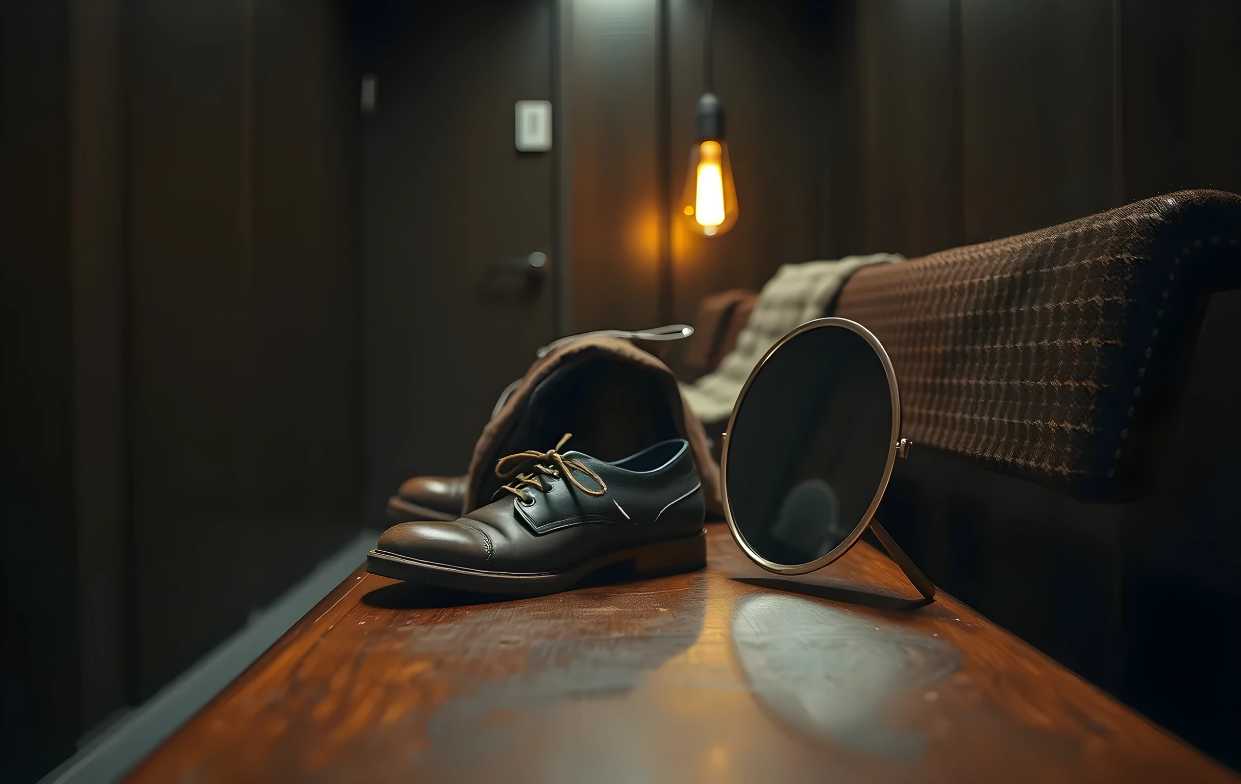 A close detail view of a well-worn wooden bench in a dim backstage dressing room, a pair of dusty leather boots and a pair of round wire-frame reading glasses resting on the seat, a heavy wool coat draped over the backrest, a small vintage hand mirror lying on its side catching the warm glow of a single bare tungsten bulb hanging from a cord above, wood grain showing decades of use, shallow depth of field with soft bokeh in the background, no faces, no text, no screens