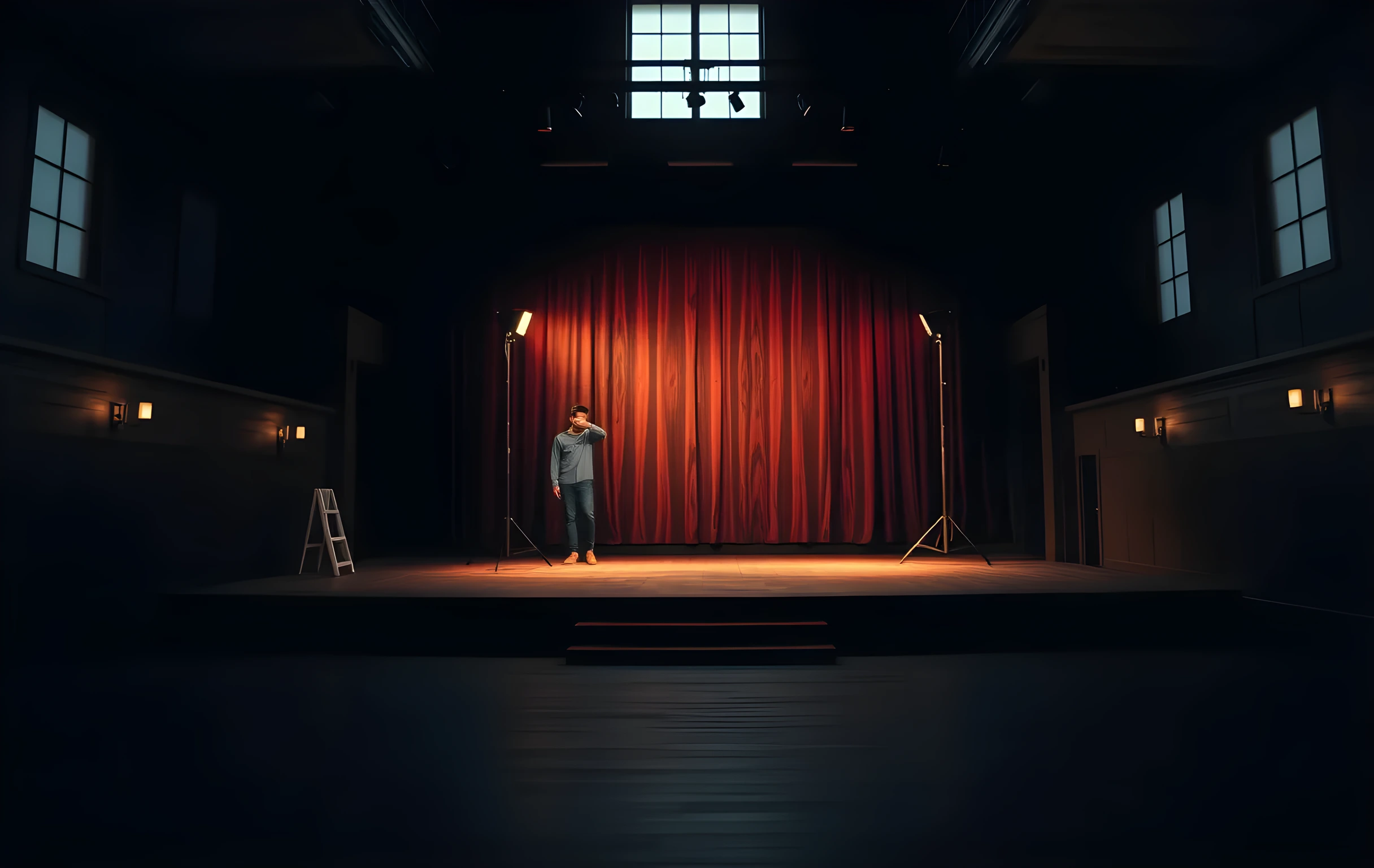 A wide cinematic shot of an empty black box theater at dusk, with a lone figure adjusting a tall lighting stand near the back wall, natural twilight spilling through high windows onto the worn wooden stage