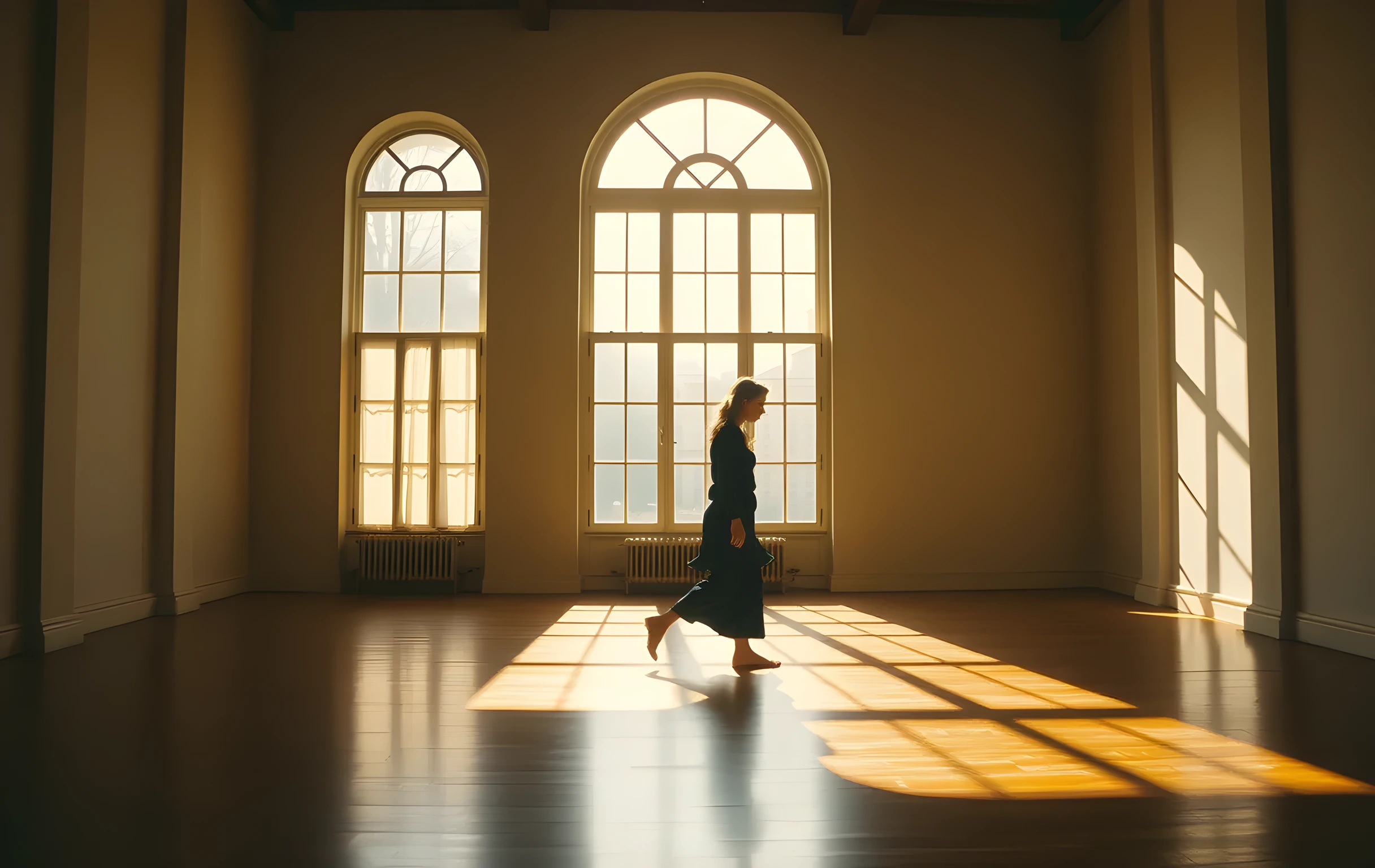 A medium shot of a sunlit rehearsal studio where a woman actor practices movement across a polished wooden floor, framed by tall arched windows casting long geometric shadows across the room