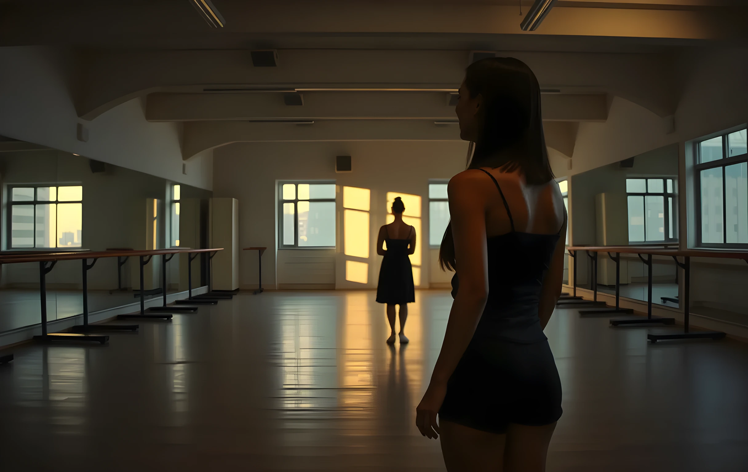 A wide shot of an empty rehearsal studio at dusk, where a woman stands at the far end of the room facing a wall of mirrors, her posture relaxed but focused as afternoon light stretches across the polished wooden floor and scattered ballet barres